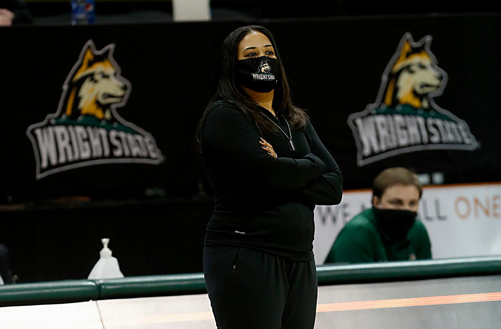 Wright State head coach Katrina Merriweather watches her team play Northern Kentucky during a Horizon League quarterfinal at the Nutter Center in Fairborn Mar. 2, 2021. Wright State won 74-56. E.L. Hubbard/CONTRIBUTED