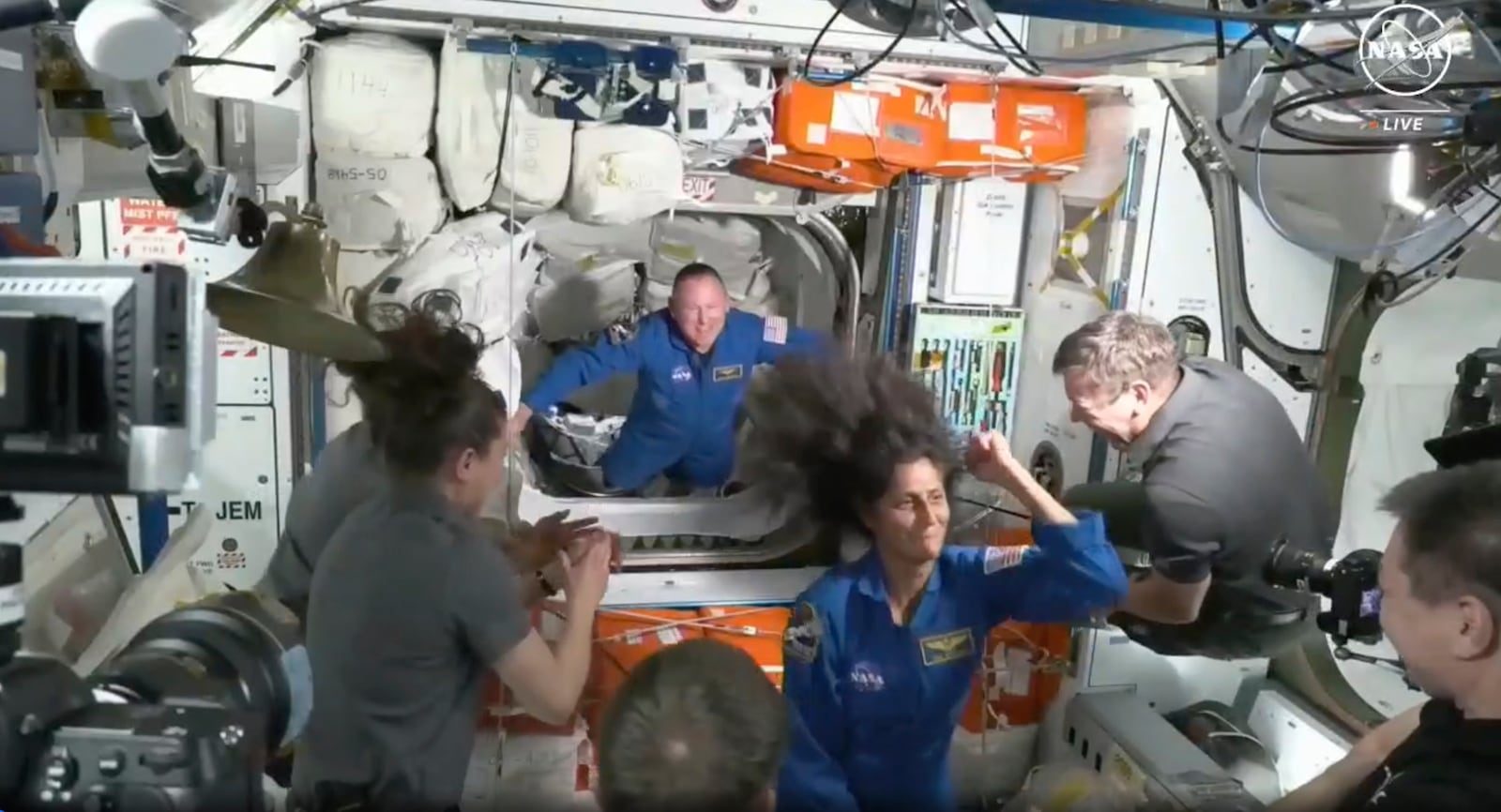 FILE - NASA astronauts Butch Wilmore and Suni Williams are greeted by the crew of the International Space Station upon their arrival on Thursday, June 6, 2024. (NASA via AP, File)