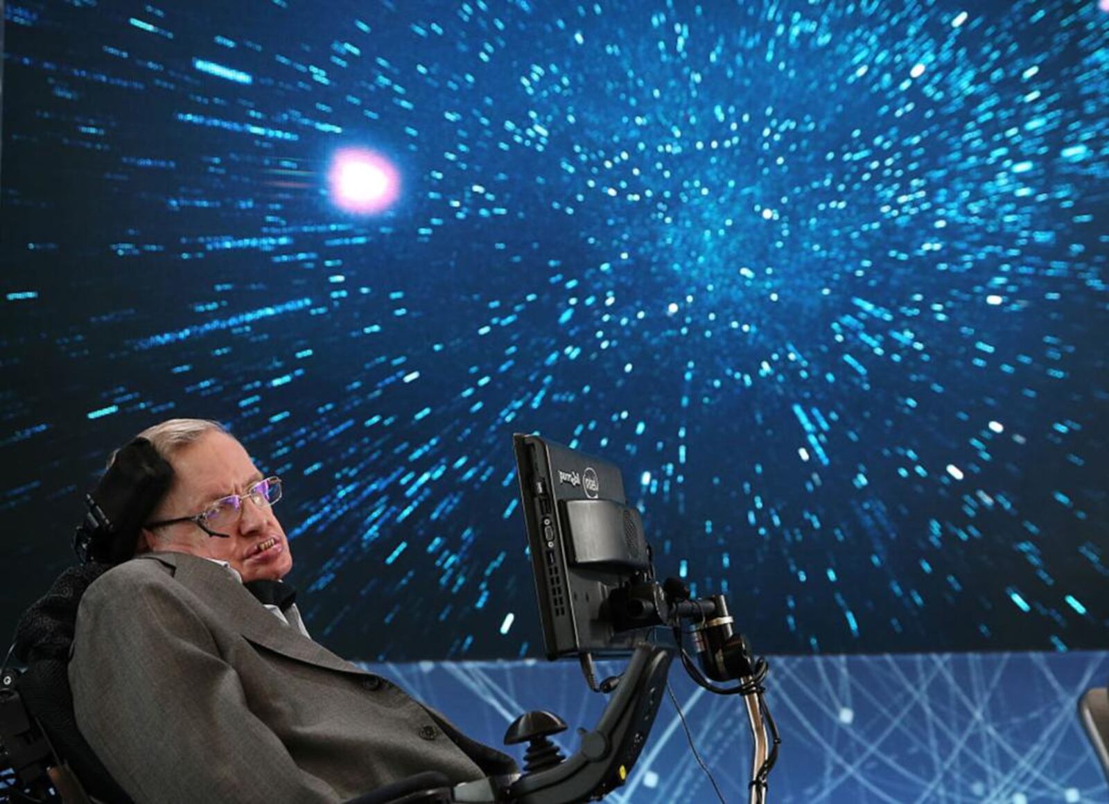 NEW YORK, NEW YORK - APRIL 12:  Professor Stephen Hawking onstage during the New Space Exploration Initiative "Breakthrough Starshot" Announcement at One World Observatory on April 12, 2016 in New York City.  (Photo by Jemal Countess/Getty Images)