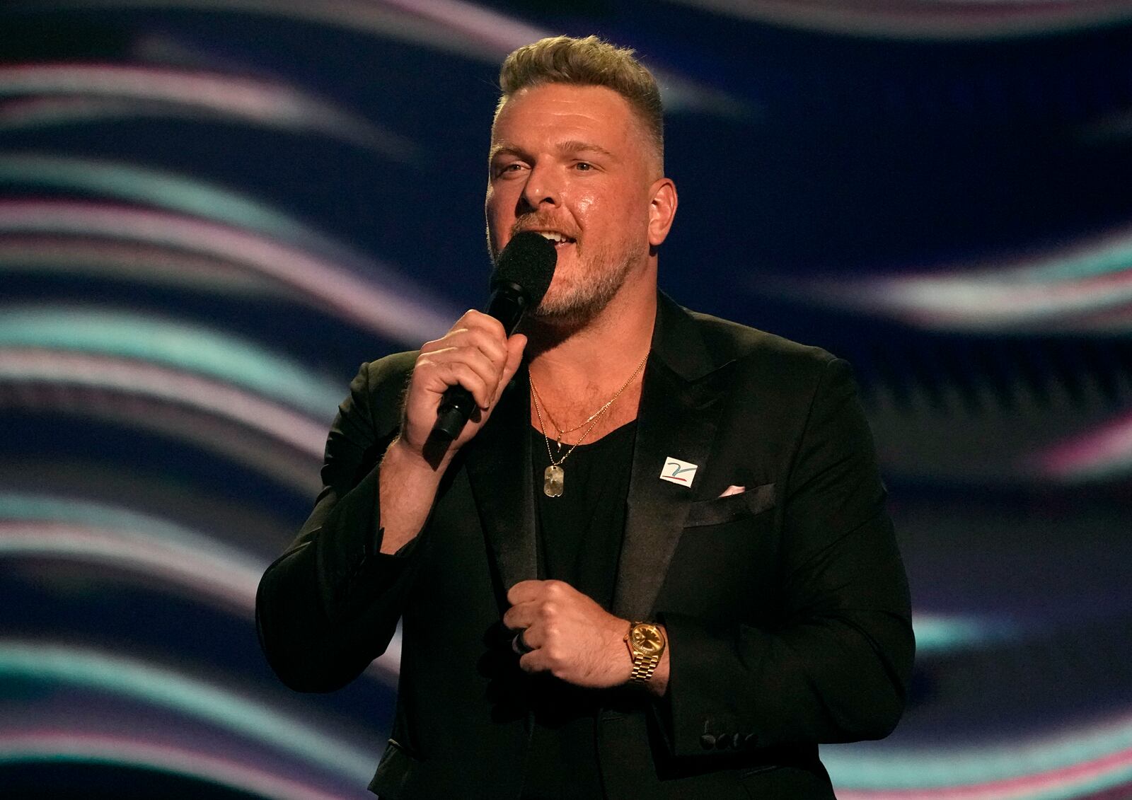 Pat McAfee speaks at the ESPY awards on Wednesday, July 12, 2023, at the Dolby Theatre in Los Angeles. (AP Photo/Mark Terrill)