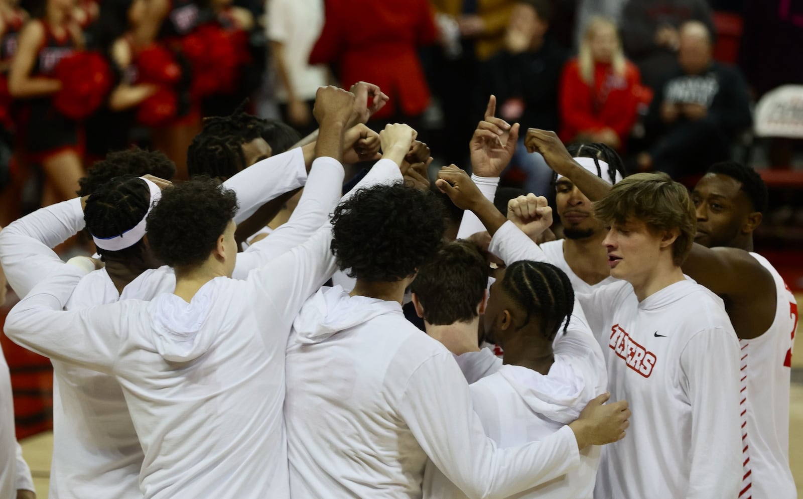 Dayton huddles before a game against UNLV on Tuesday, Nov. 15, 2022, at the Thomas & Mack Center in Las Vegas, Nev. David Jablonski/Staff