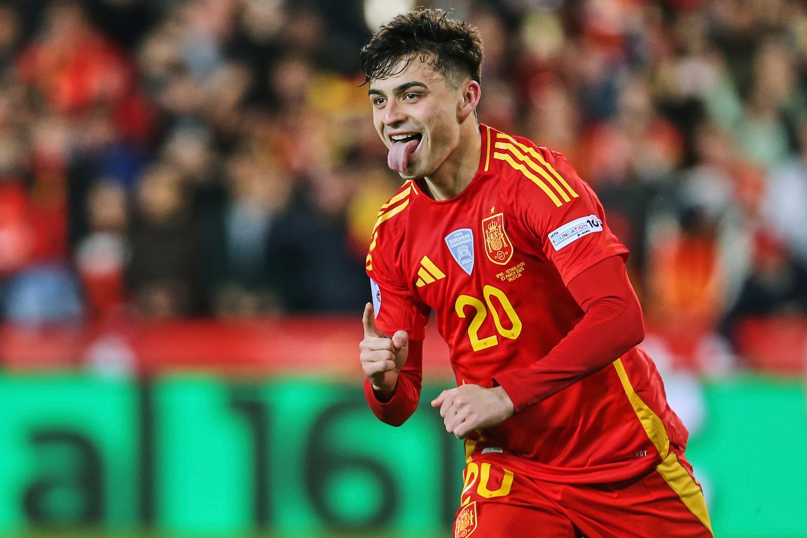 Spain's Pedri celebrates after scoring the victory goal during the UEFA Nations League quarterfinal second leg match between the Netherlands and Spain at Mestalla stadium in Valencia, Spain, Sunday, March 23, 2025. (AP Photo/Alberto Saiz)