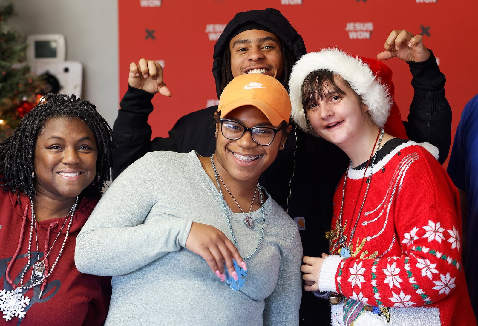 Having fun at the Developmental Disabilities Holiday Party Tuesday, Dec. 3, 2024 at the Christian Life Center, from left, Natina Maxwel, Aries Leslie, Micah Rutledge and Ashtynn Warner. MARSHALL GORBY\STAFF