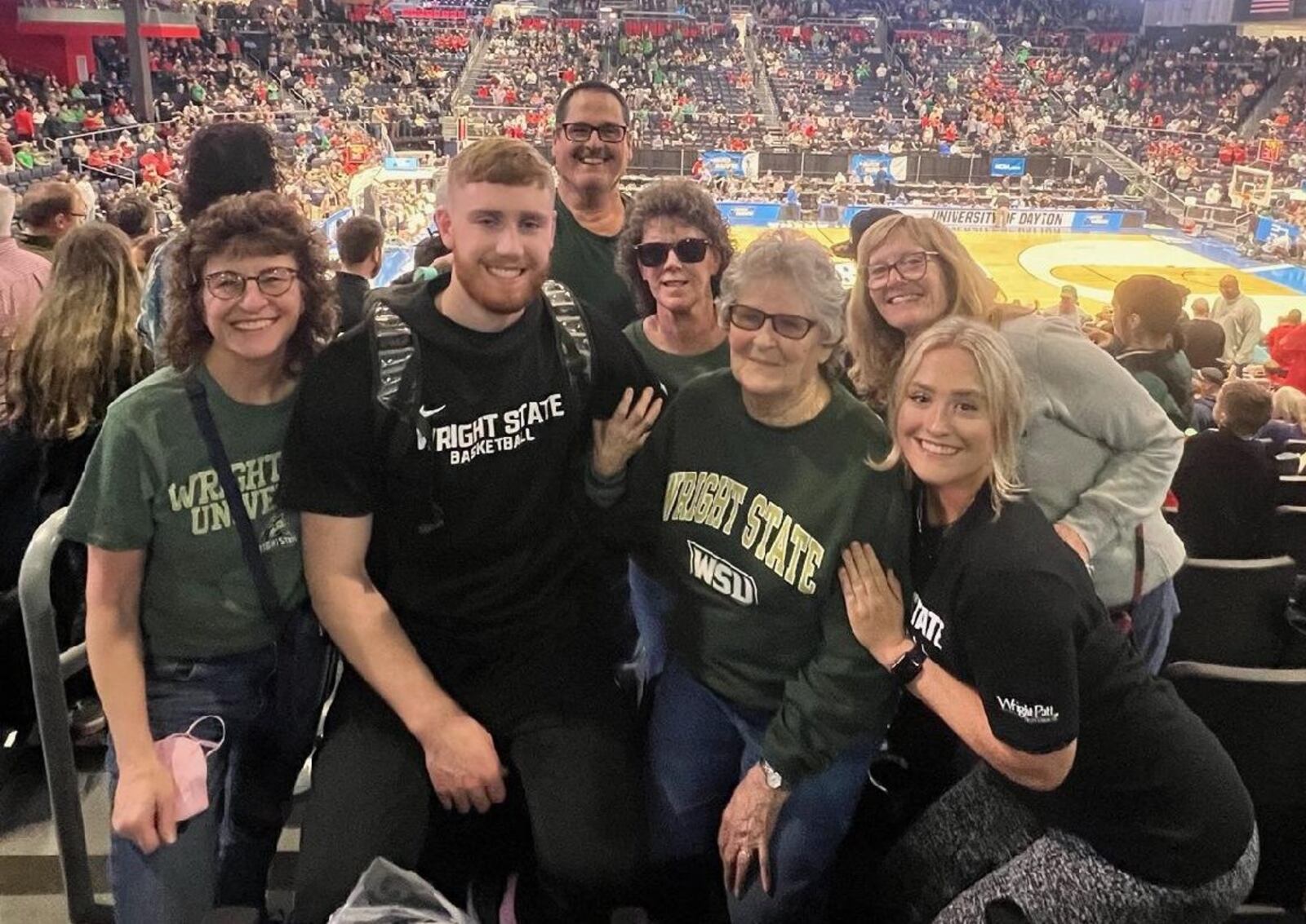 Wright State's Brandon Noel at an NCAA Tournament game at UD Arena with his family. Pictured from left: Ruth Dorkoff (Aunt), Brandon, David Noel (Uncle), Melinda Noel (Mom), Carol Noel (Grandma), Courtney Noel (Aunt) and Melissa Noel (Cousin). CONTRIBUTED