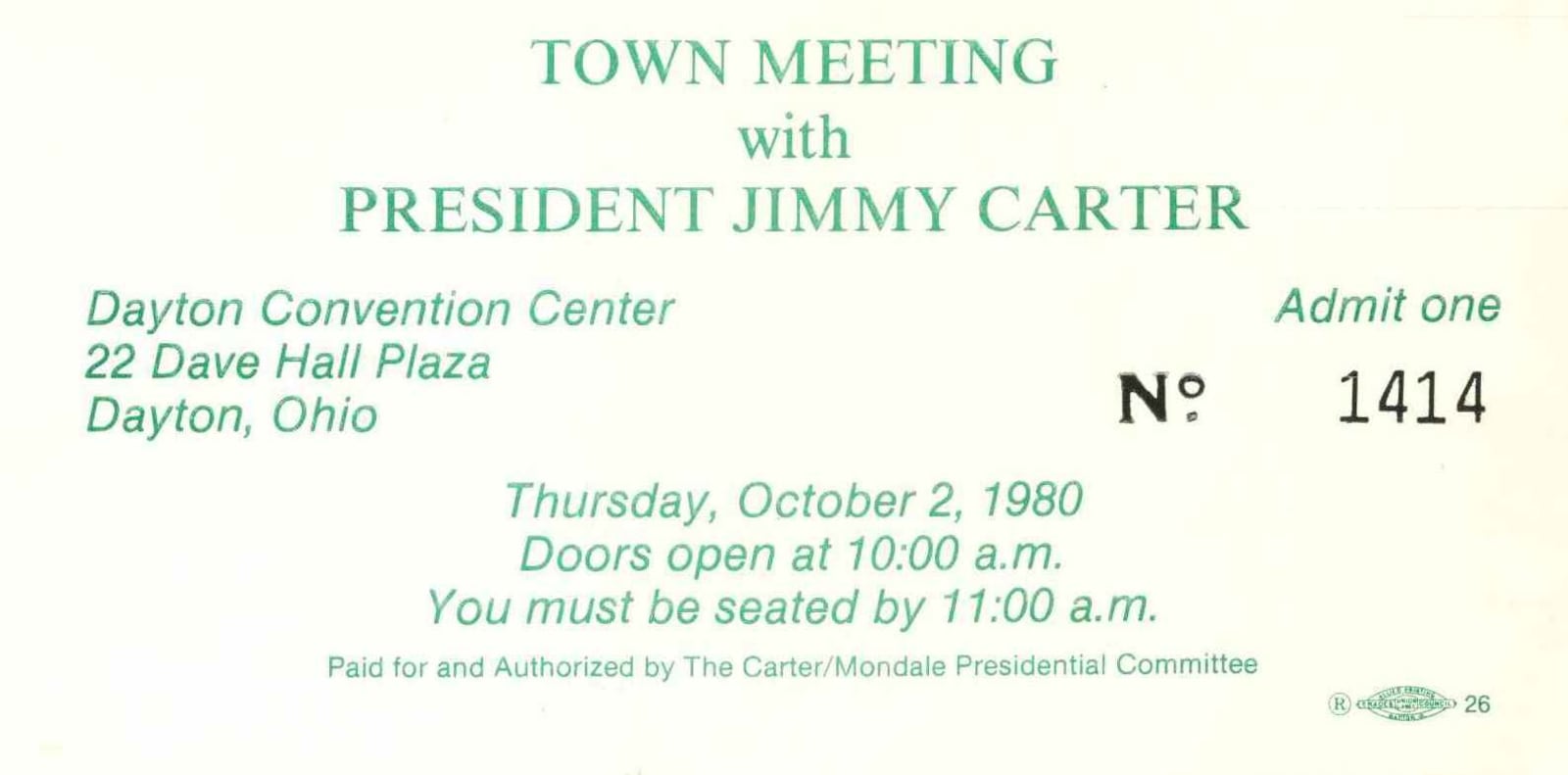 The winning lottery ticket for President Carter appearing at the Dayton Convention Center on October 2, 1980. (CONTRIBUTED)