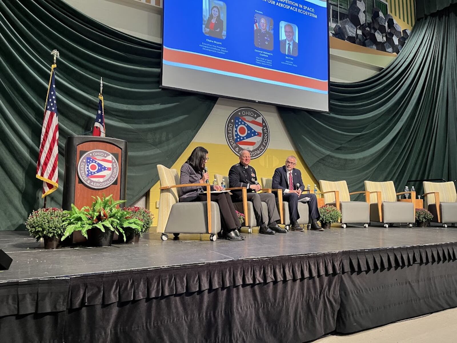 A panel at the Ohio Defense and Aerospace Forum Monday at Wright State University. From the left: Elaine Bryant, executive vice president at the Dayton Development Coalition; Gen. Michael Guetlein, Space Force vice chief of space operations; and Jim Free, NASA associate administrator. STAFF PHOTO/THOMAS GNAU