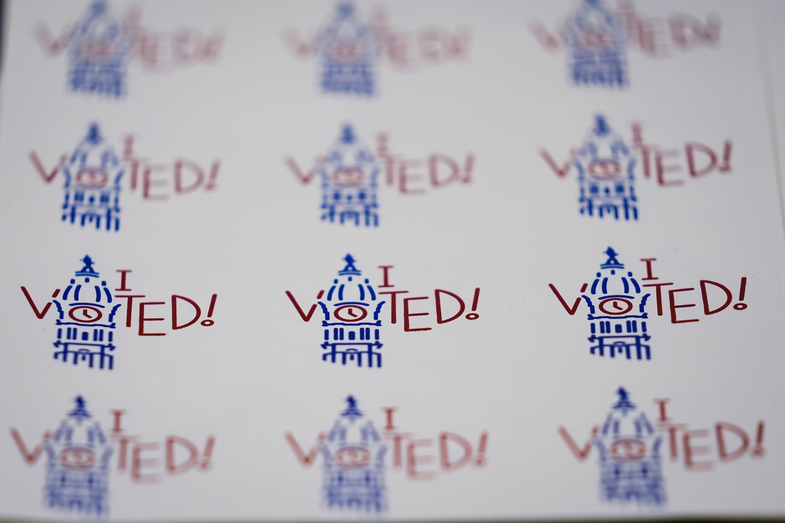 "I Voted!" stickers are displayed at the Philadelphia Election Warehouse, in Philadelphia, Friday, Oct. 25, 2024. (AP Photo/Matt Rourke)