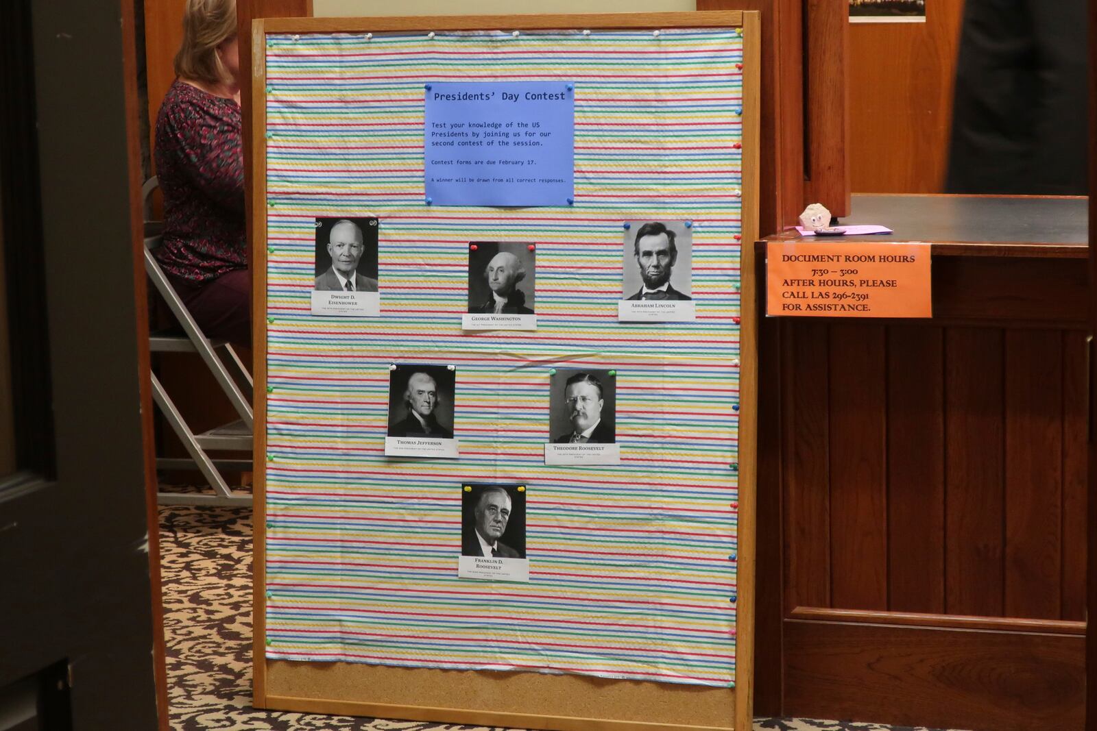 The Presidents Day holiday has inspired this contest sponsored by workers in the Kansas Legislature's documents room at the Statehouse, Friday, Feb. 14, 2025, in Topeka, Kansas. (AP Photo/John Hanna)