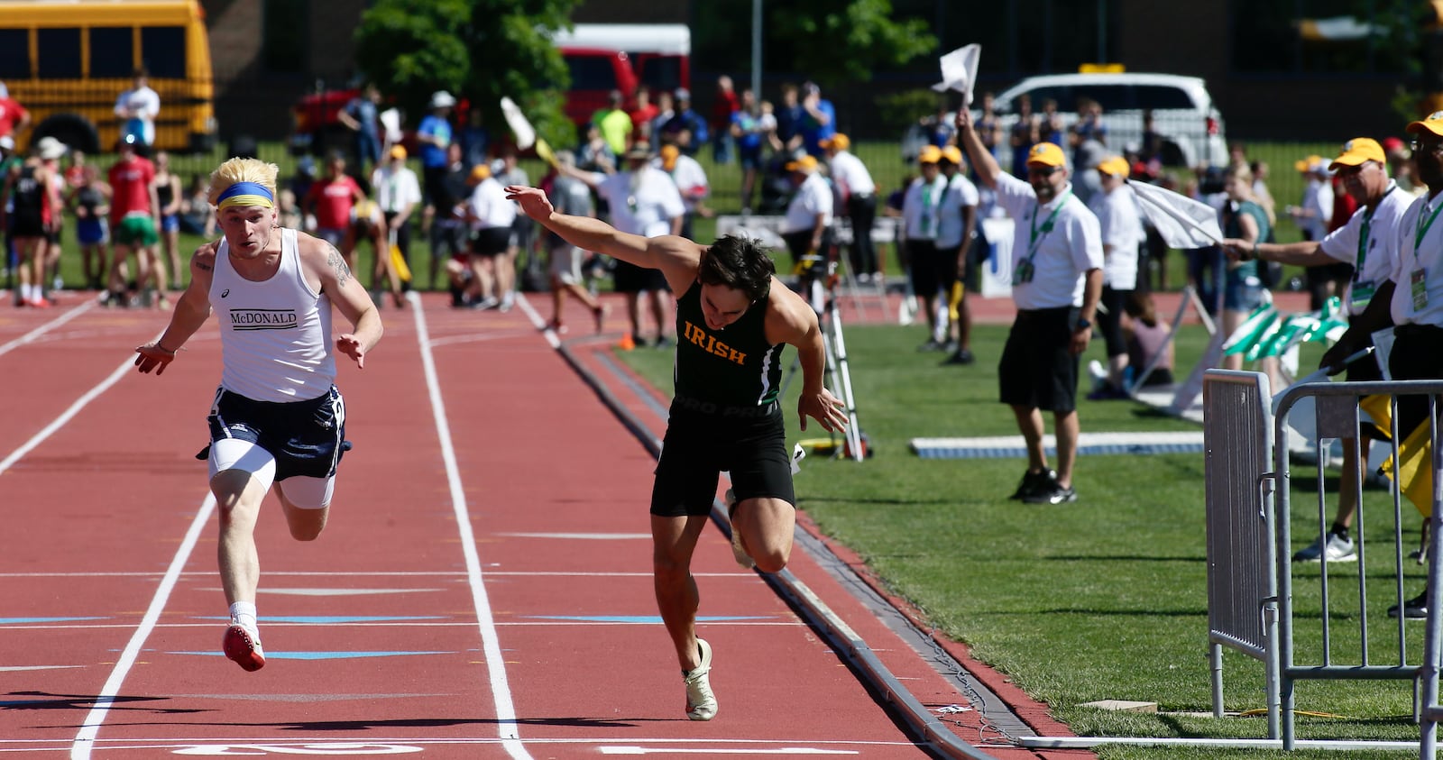 Catholic Central's Ashton Young races in the 100-meter dash preliminaries in the Division III state track championship on Friday, June 3, 2022, at Jesse Owens Memorial Stadium in Columbus. David Jablonski/Staff