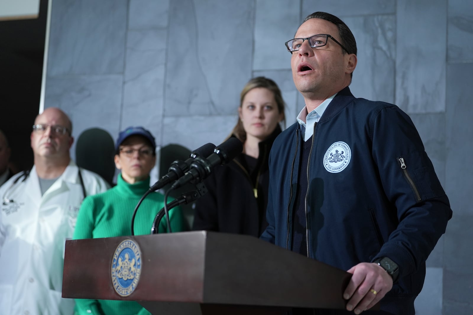 Governor Josh Shapiro speaks during a news conference regarding the shooting at UPMC Memorial Hospital in York, Pa. on Saturday, Feb. 22, 2025. (AP Photo/Matt Rourke)