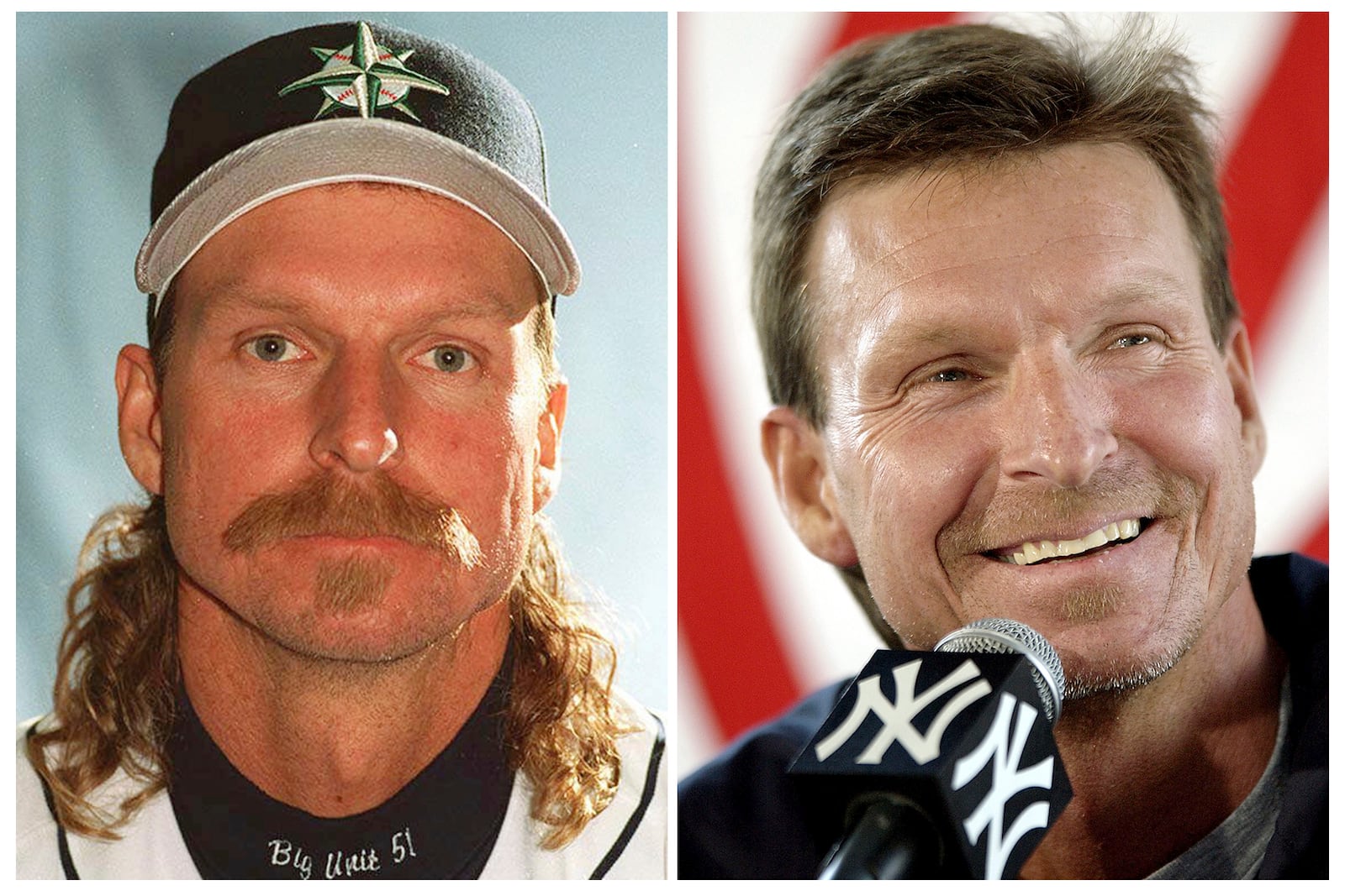 FILE - This combo of file photos shows Seattle Mariners pitcher Randy Johnson, left, in 1997, and with the New York Yankees in 2005. (AP Photo/File)