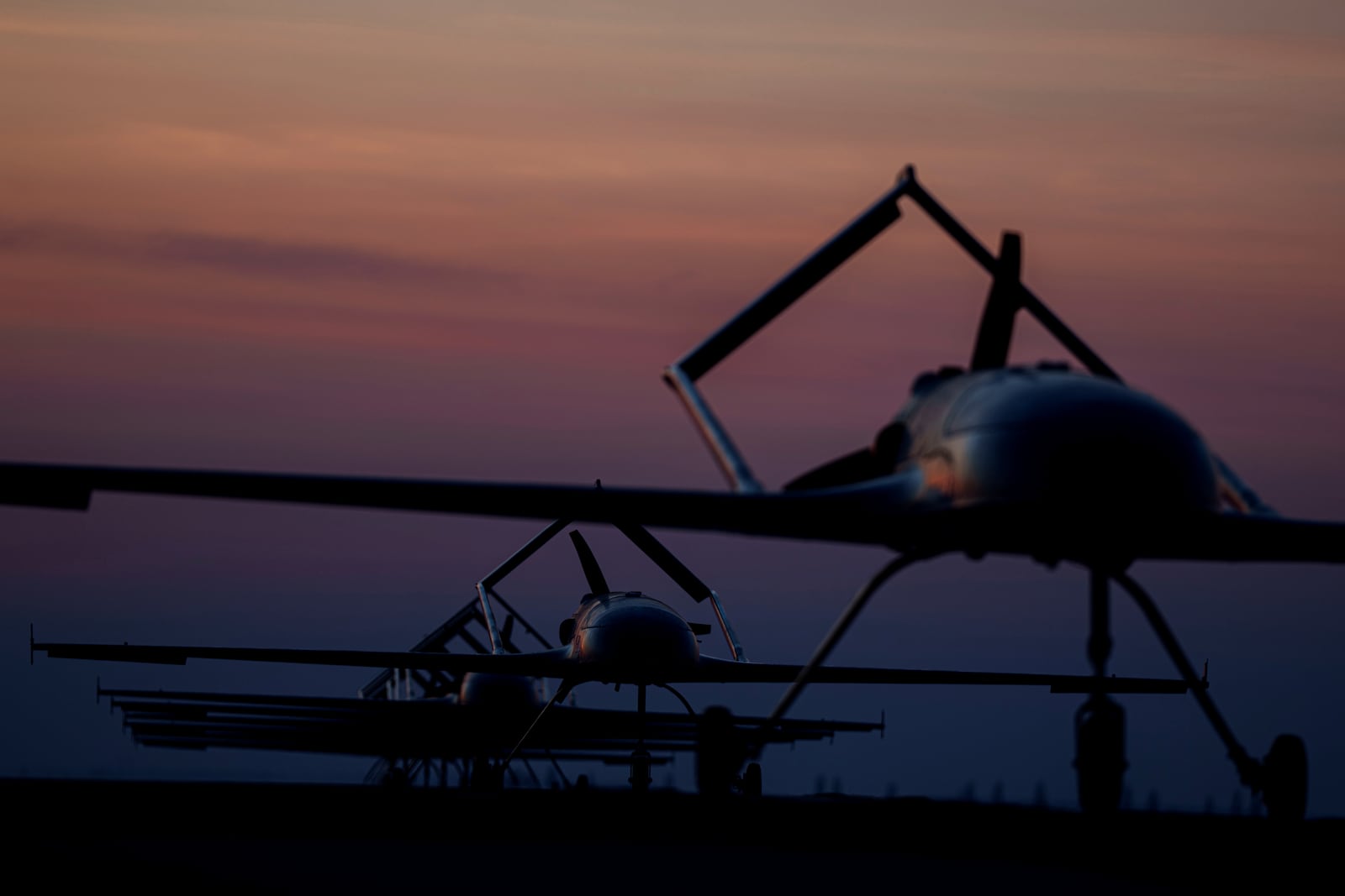 Long-range drones An-196 Liutyi of the Defence Intelligence of Ukraine stand in line before takeoff in undisclosed location, Ukraine, Feb. 28, 2025. (AP Photo/Evgeniy Maloletka)