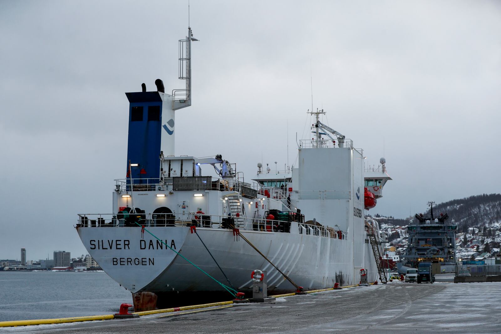 The Norwegian-owned ship Silver Dania, suspected of cable sabotage in the Baltic Sea, is the port of Tromso, Norway, Friday, Jan. 31, 2025, after it was brought in for investigation. (Rune Stoltz Bertinussen/NTB via AP)