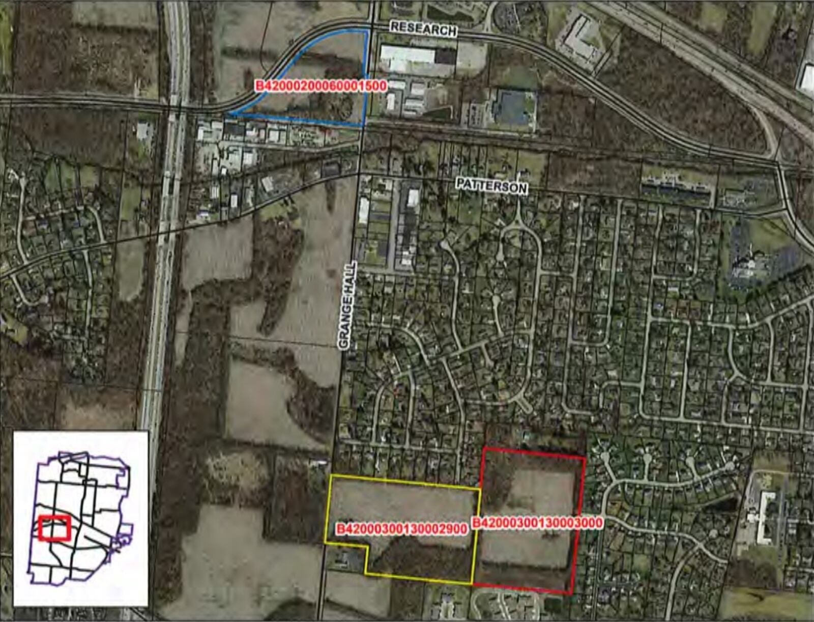 A map of three properties Beavercreek is buying from the Miami Valley Research Park Foundation. The southern two will be used for the Willowcrest stormwater project. CONTRIBUTED