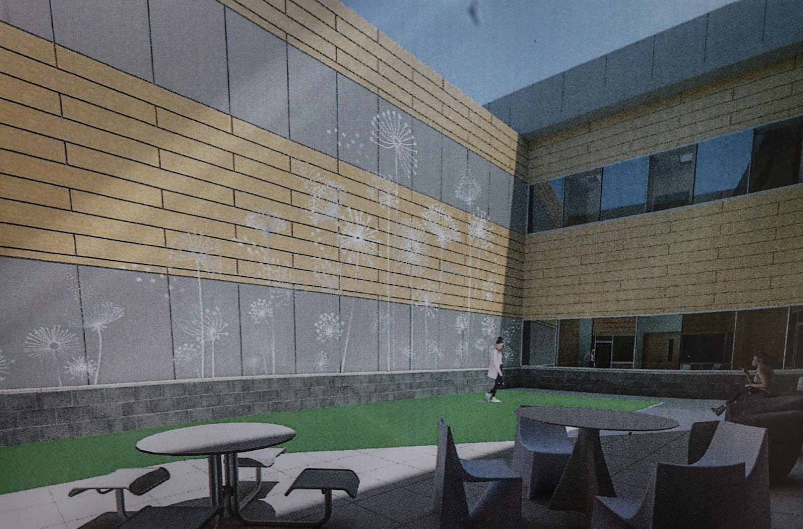 This is an artist rendition of Dayton Children's Mental Health Building outdoor plaza area. The building is expected to be complete in 2025. JIM NOELKER/STAFF