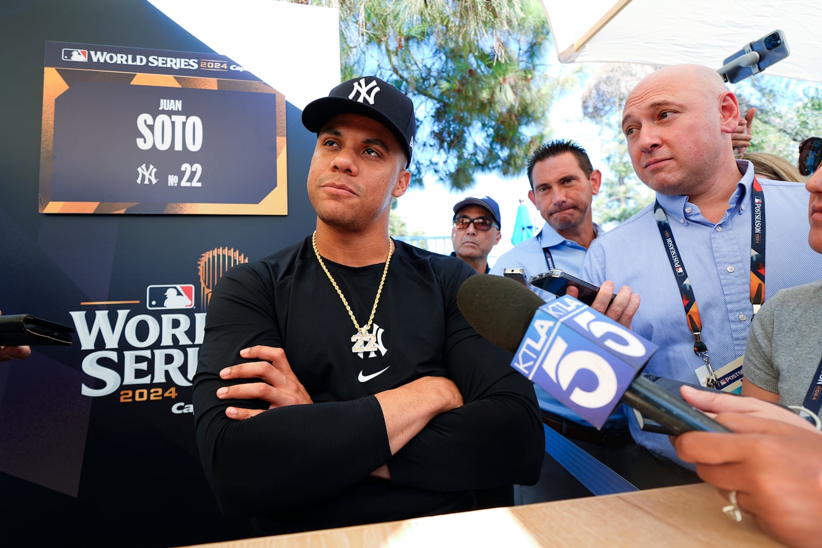 New York Yankees' Juan Soto speaks during media day for the baseball World Series, Thursday, Oct. 24, 2024, in Los Angeles. (AP Photo/Julio Cortez)