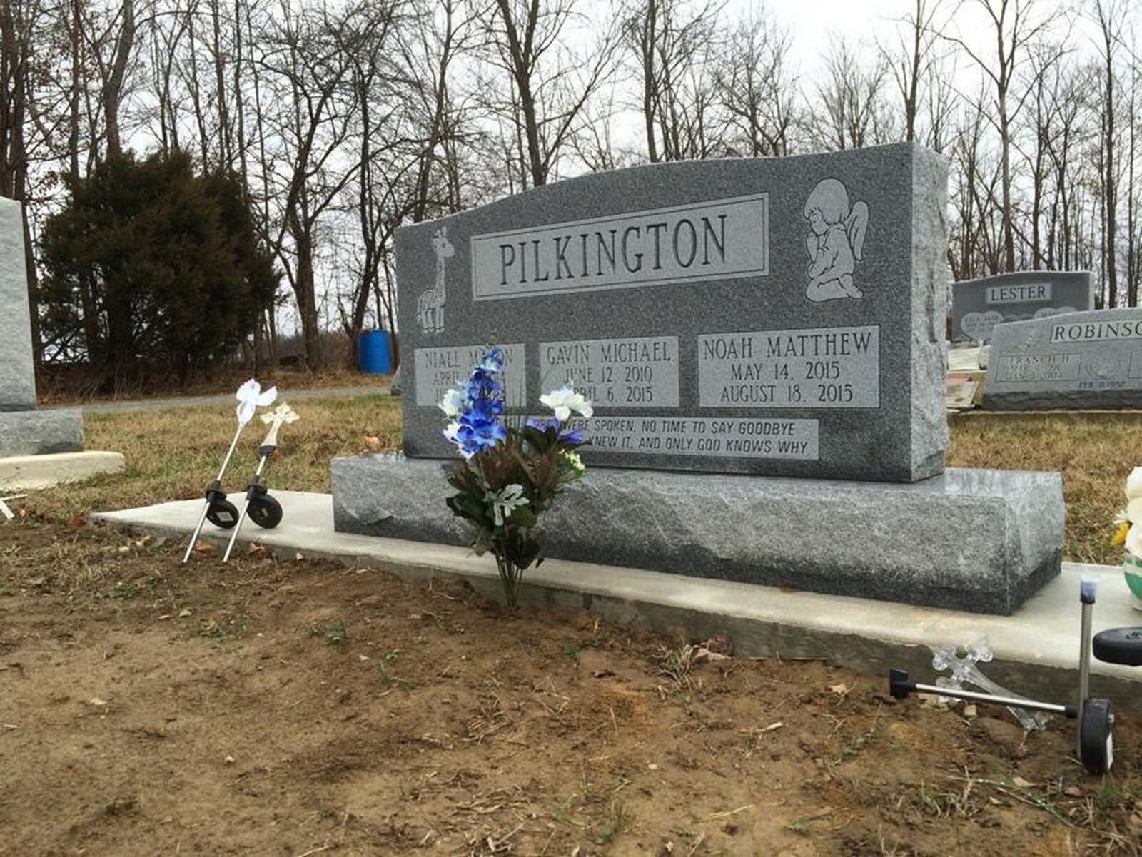 Modlich Monument Co. donated a gravestone for the three Pilkington boys who died. Their mother, Brittany Pilkington, is accused of smothering them to death and is charged with aggravated murder. KATHERINE COLLINS/STAFF