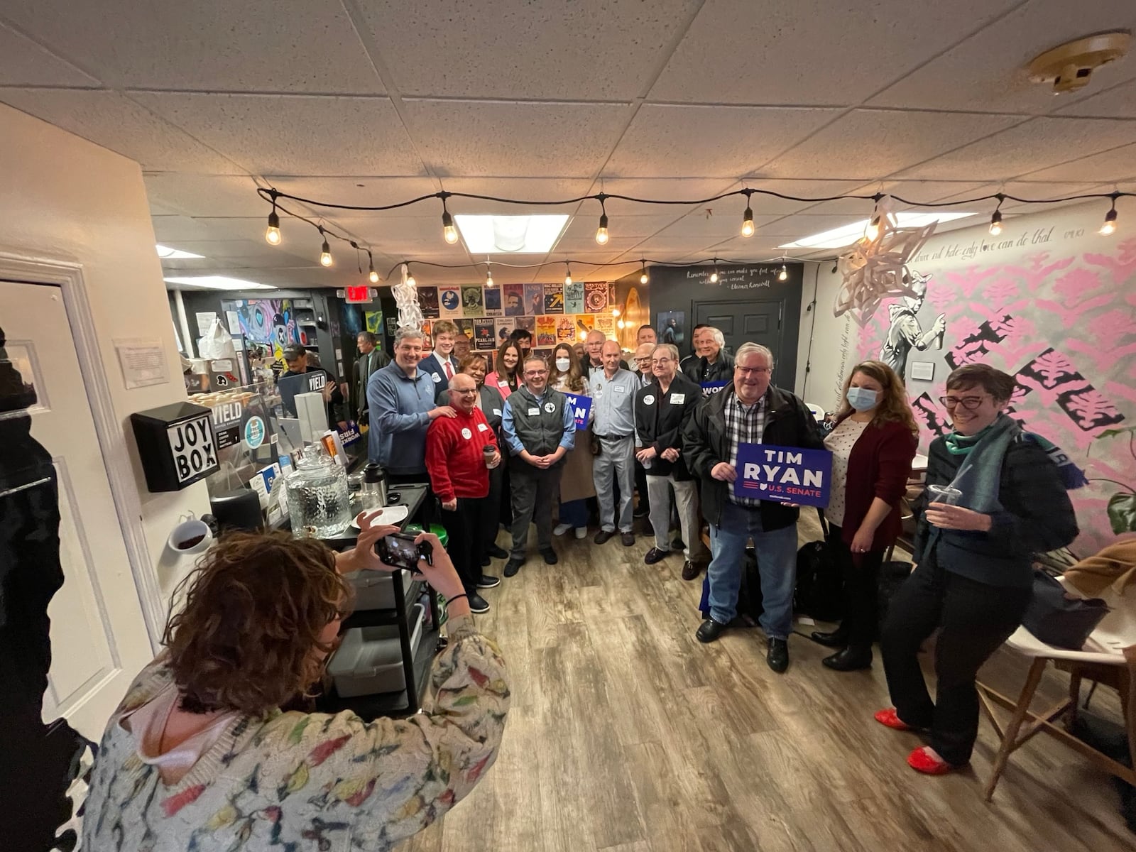 Congressman Tim Ryan meets with Democratic supporters on Wednesday morning, Feb. 22, 2022, at The Fringe Coffee House in Hamilton. He is one of three Democrats seeking the party’s nomination in this spring’s primary election for U.S. Senate. MICHAEL D. PITMAN/STAFF