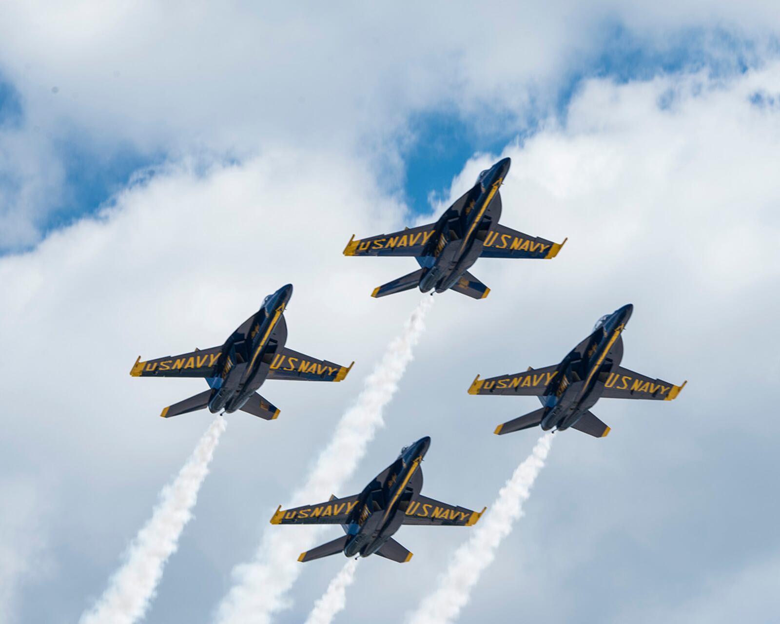 Four F/A-18 Super Hornet aircraft from the U.S. Navy Blue Angels fly in formation during the Dayton Air Show on July 30. The air show featured military and civilian flight demonstration teams, aircraft static displays and a parade. U.S. AIR FORCE PHOTO/JAIMA FOGG