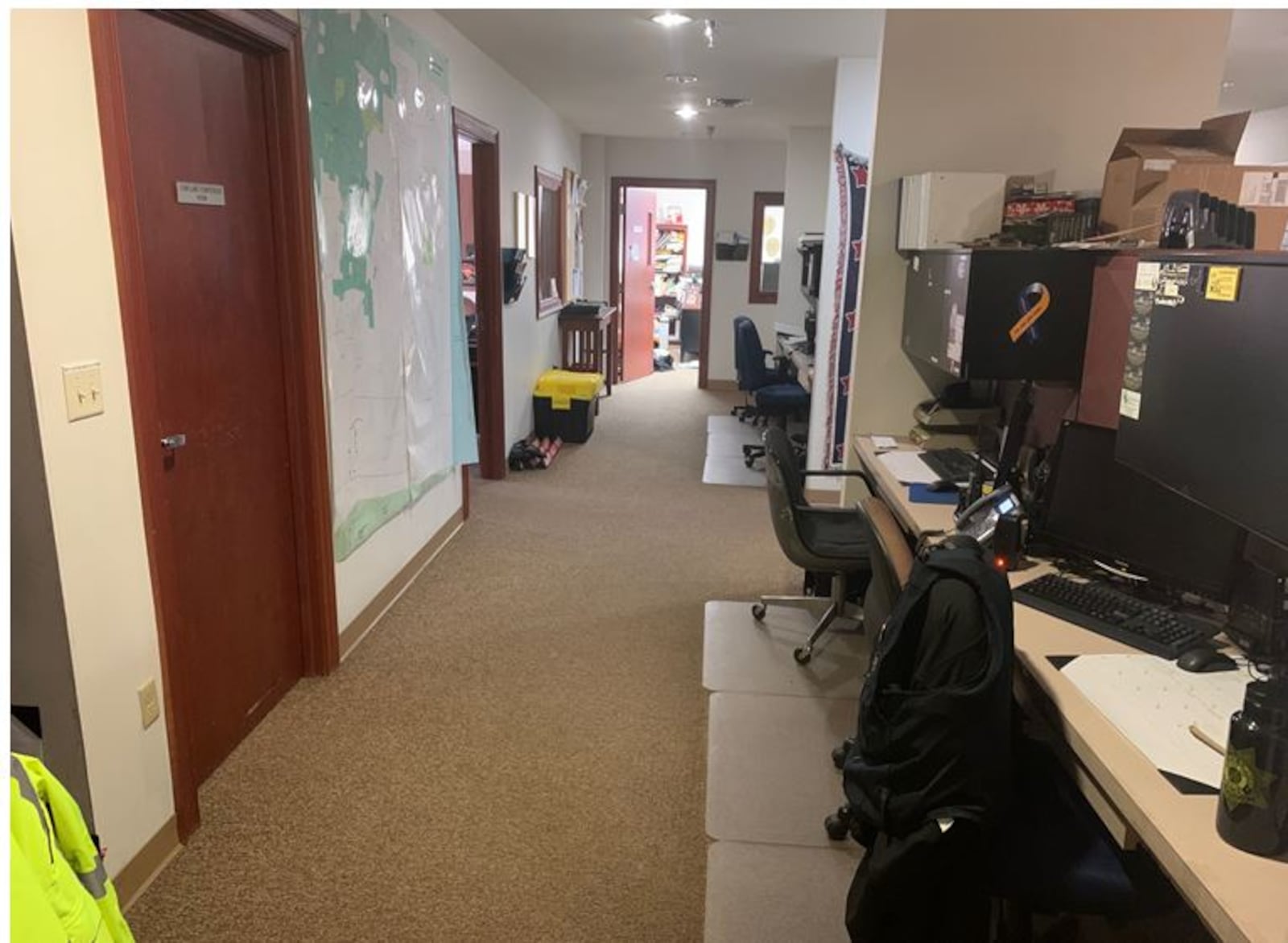 This is the cramped and crowded work area of the Clearcreek Twp. Police Department which has outgrown its space at the township Administration Building. The township is currently building a new police station that will more than double size of its current workspace. ED RICHTER/STAFF