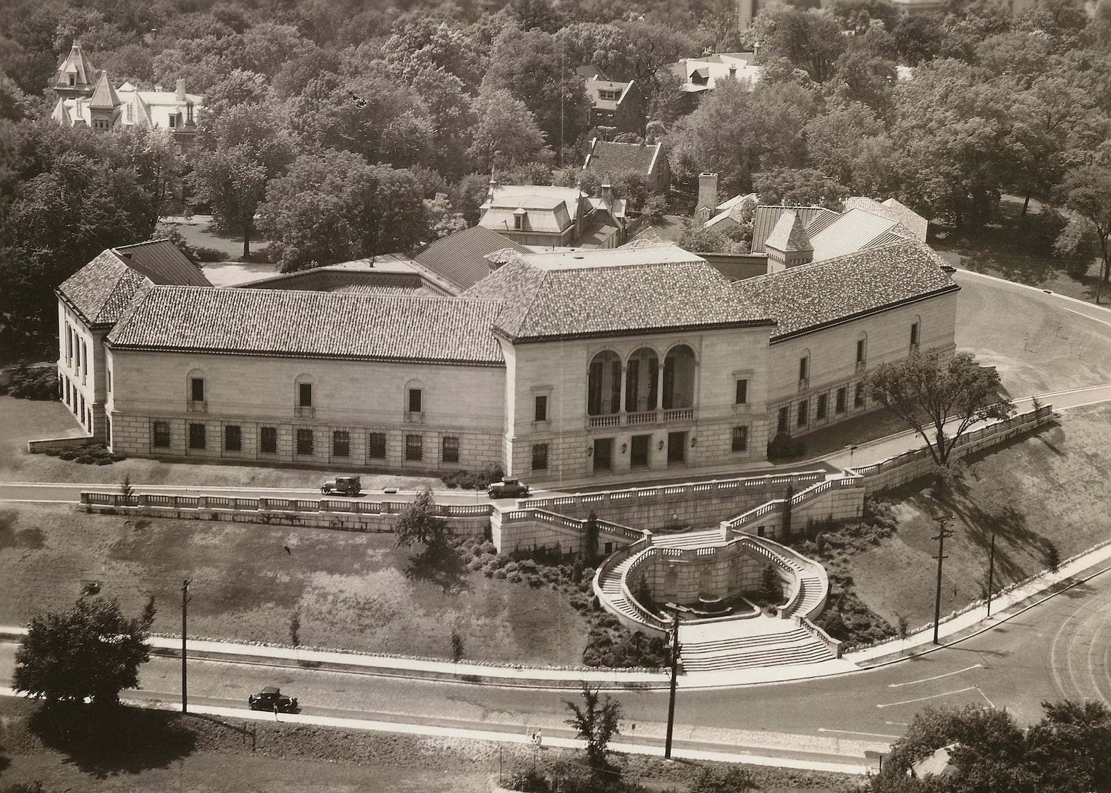 An aerial view of the newly completed DAI museum building, taken around 1930 by noted Dayton Daily News photographer William Preston Mayfield.