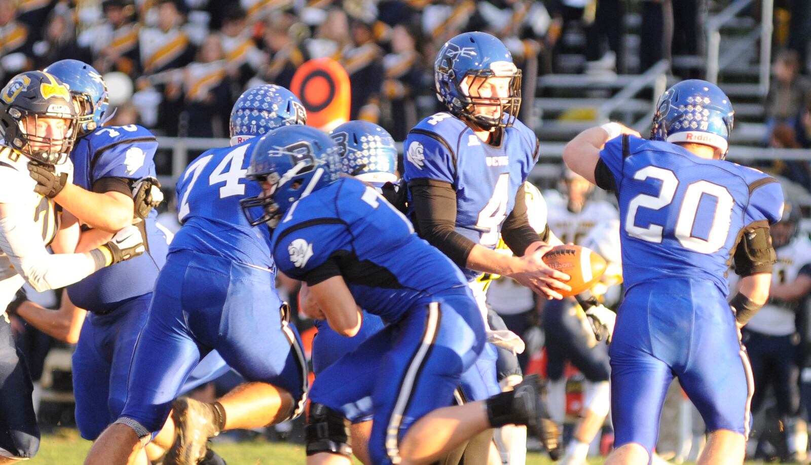 Brookville QB Mason Stout had three touchdown passes and Jacob Vore (20) rushed for 108 yards and another score in a 48-14 defeat of visiting Oakwood in a Week 6 high school football game on Thursday, Sept. 27, 2018. MARC PENDLETON / STAFF