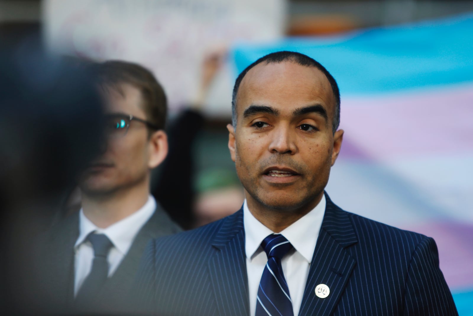 Washington Attorney General Nick Brown speaks during a news conference after a hearing in federal court in Seattle, on Friday, Feb. 28, 2025, over President Donald Trump's order against gender-affirming care for youth. (AP Photo/Manuel Valdes)