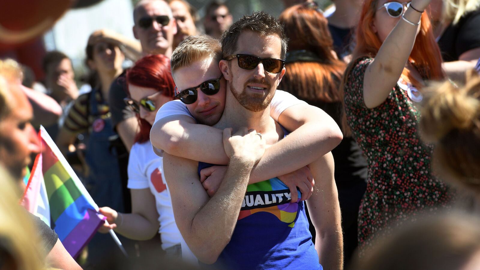 Same-sex marriage supporters celebrate Nov. 15, 2017, following a voluntary postal survey of Australians, more than 60 percent of whom supported marriage equality. Same-sex marriage was legalized by the Australian parliament the following month.