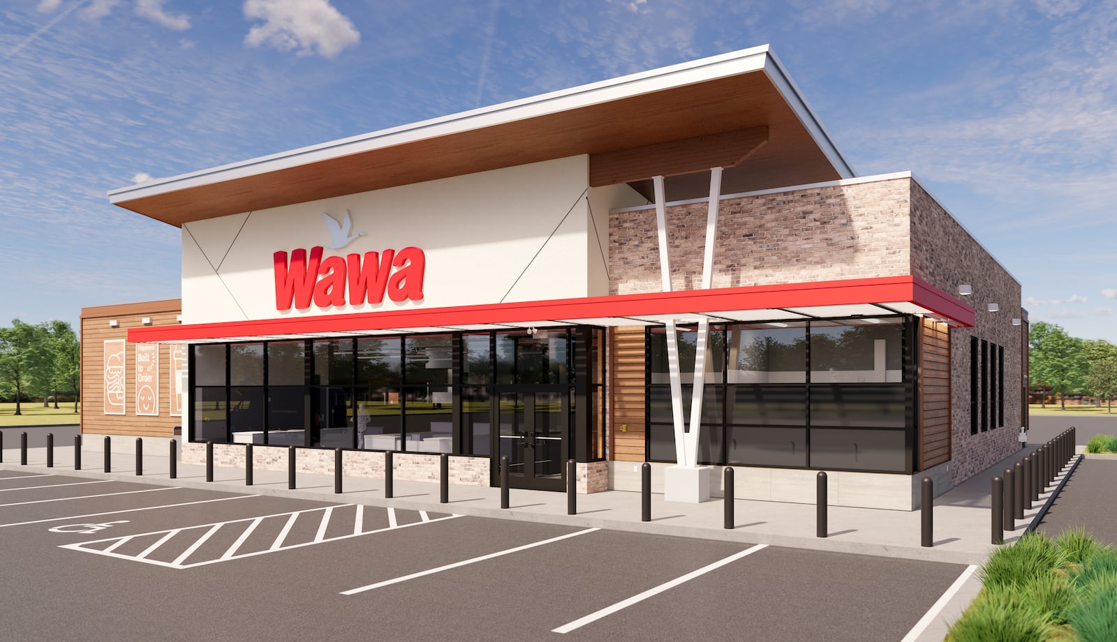 Miami Twp. trustees recently approved a development plan for a 5,919-square-foot Wawa convenience store/food along Springboro Pike, at the northeast corner of Miami Village Drive. The store, which will feature six gas pumps and 37 parking spaces, is slated to break ground this year and open in fall 2025. CONTRIBUTED ILLUSTRATION/WAWA