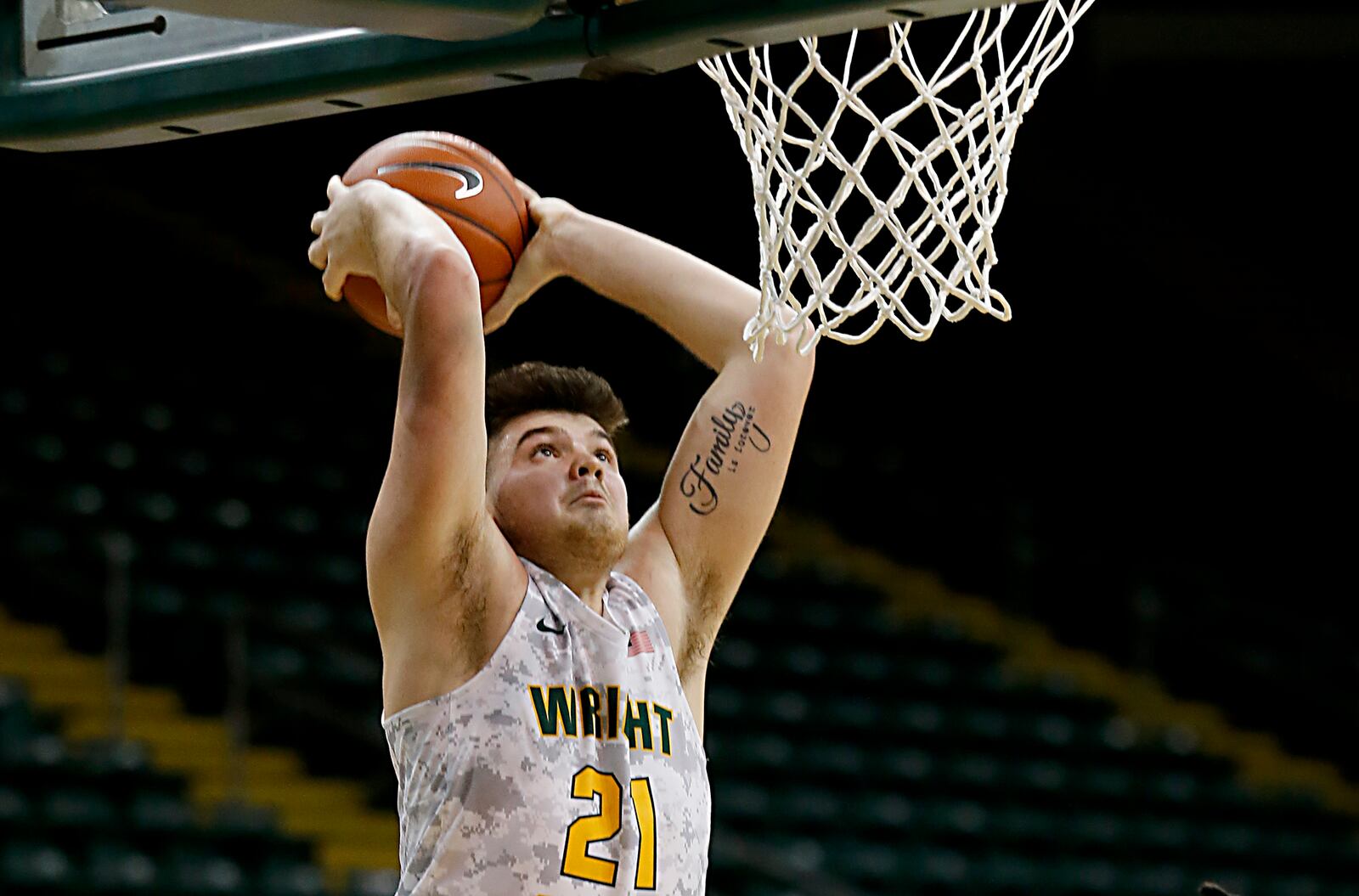 Wright State forward Grant Basile attempts a dunk but bounces the ball off the rim against Milwaukee during a Horizon League quarterfinal at the Nutter Center in Fairborn Mar. 2, 2021. Wright State lost 94-92. E.L. Hubbard/CONTRIBUTED