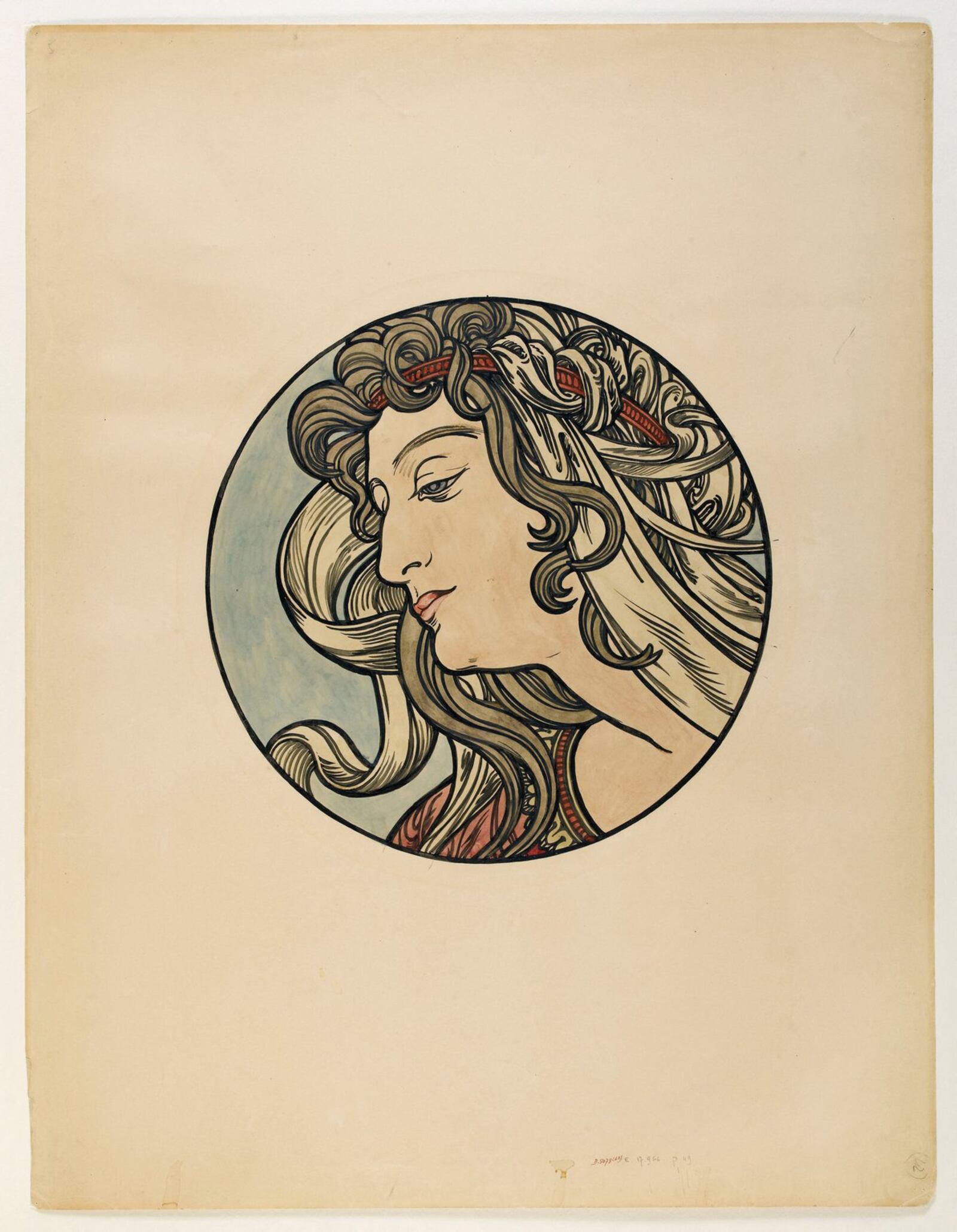 Alfons Mucha, whose work was recently featured at the Dayton Art Institute, is also represented in the Cincinnati exhibit. This is entitled “Study Medallion for the Facade of the Fouquet Jewelry Shop.”