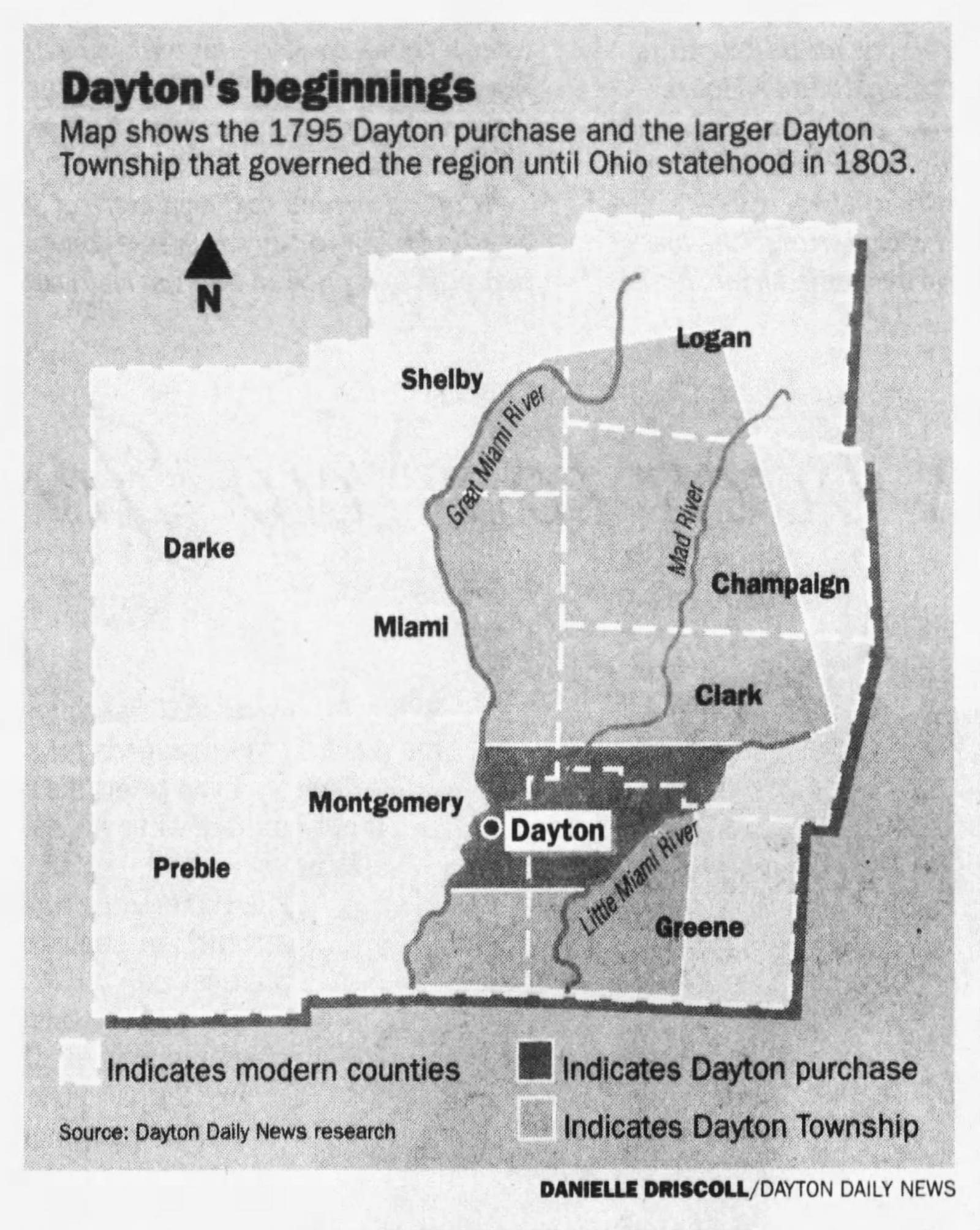 Jonathan Dayton purchased the land that would later become the city of Dayton. Map shows the 1795 purchase area. DAYTON DAILY NEWS ARCHIVES