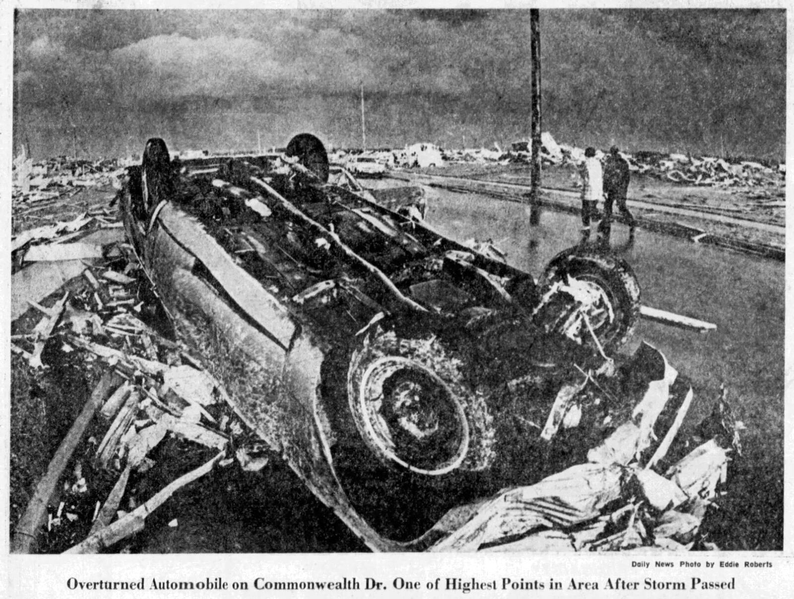 Overturned car on Commonwealth Drive after the Xenia tornado of 1974. DAYTON DAILY NEWS ARCHVIES