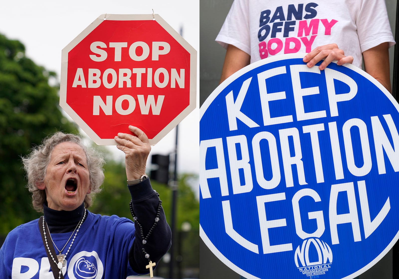 A woman holds a sign saying "Stop abortion now," at a protest outside of the U.S. Supreme Court in Washington on May 5, 2022, left, and another woman holds a sign saying "Keep abortion legal" during a news conference for reproductive rights. (AP Photo)