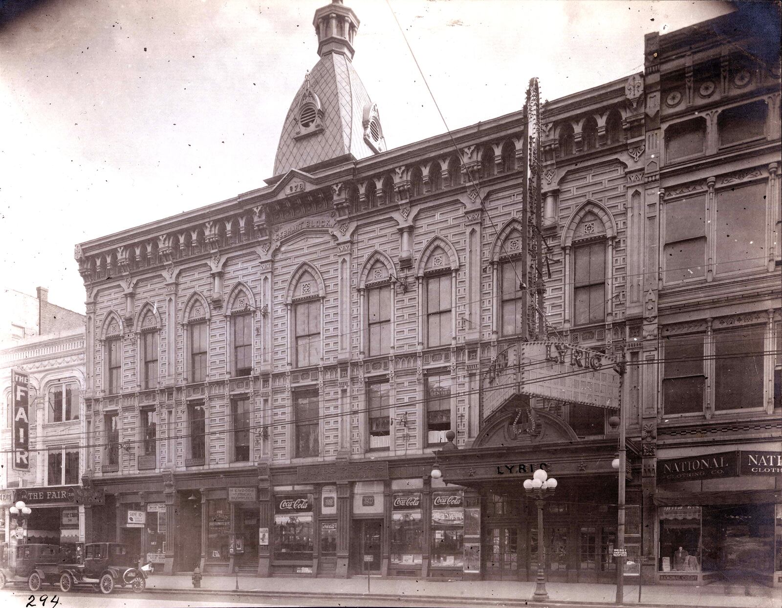 An ornate dome topped the elegant Gebhart's Opera House when it opened to the public March 12, 1877. In 1906 it was expanded, renamed the Lyric (the era this photograph was taken in), and became a vaudeville house. DAYTON METRO LIBRARY / LUTZENBERGER PICTURE COLLECTION