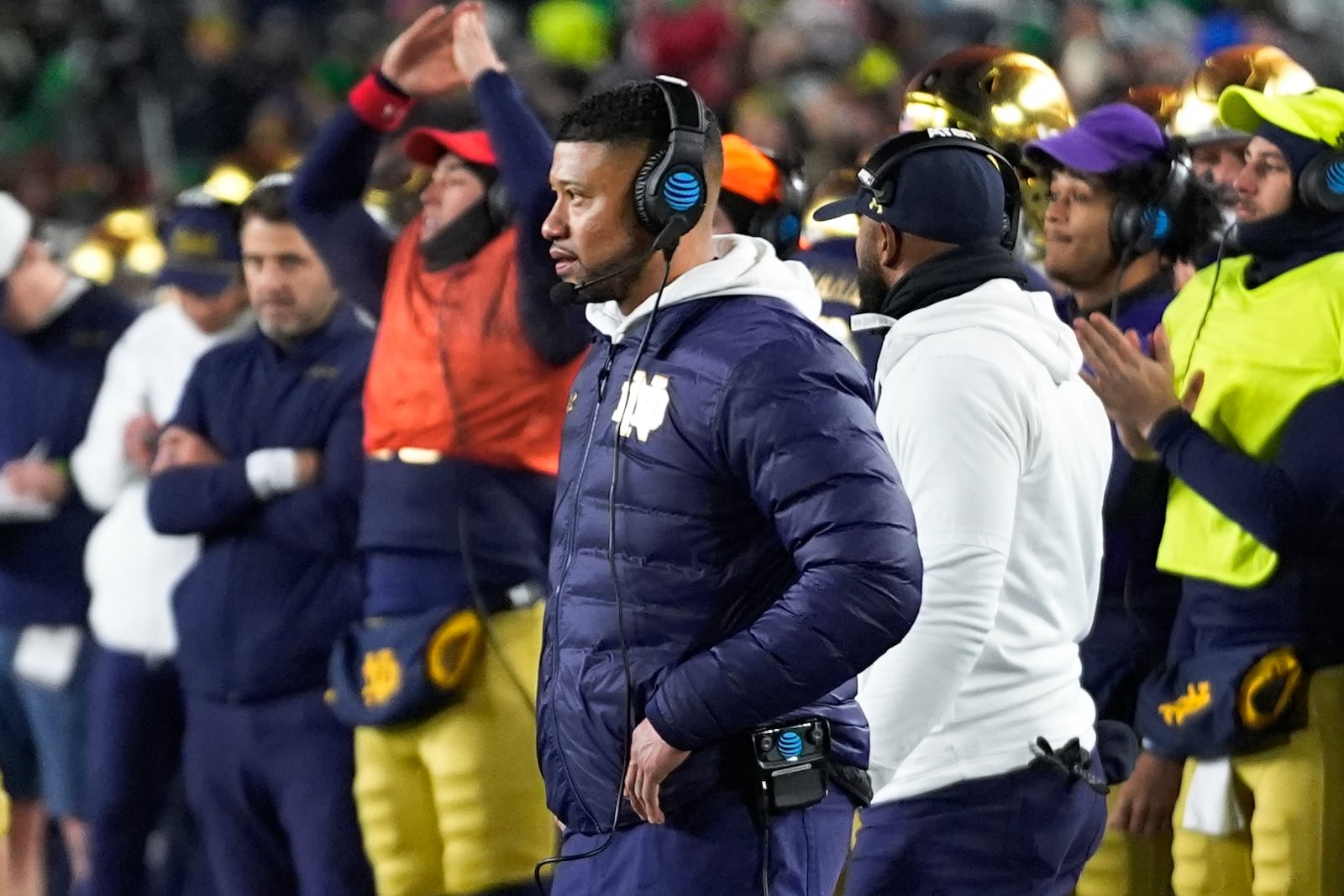 Notre Dame head coach Marcus Freeman watches against Indiana during the second half in the first round of the NCAA College Football Playoff, Friday, Dec. 20, 2024, in South Bend, Ind. (AP Photo/Darron Cummings)