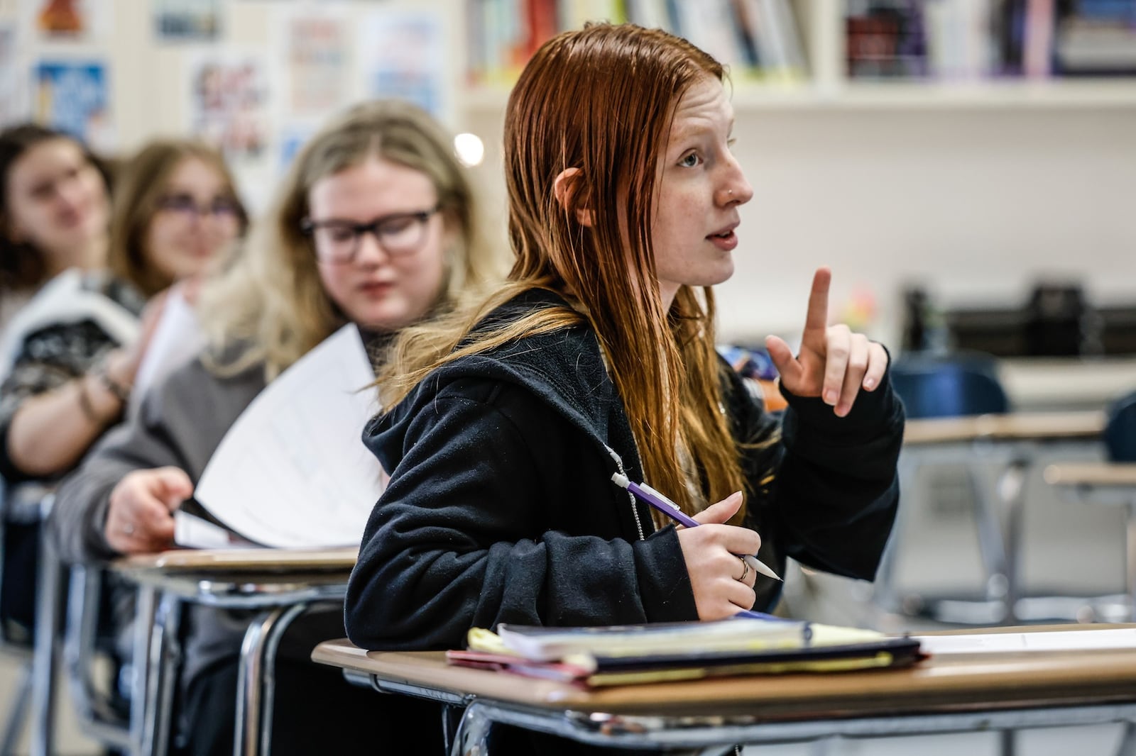 Springboro High School senior, Bailey Wallace, right, answers a question in senior English class Thursday September 15, 2022. Springboro schools scored five stars for achievement on state tests. JIM NOELKER/STAFF