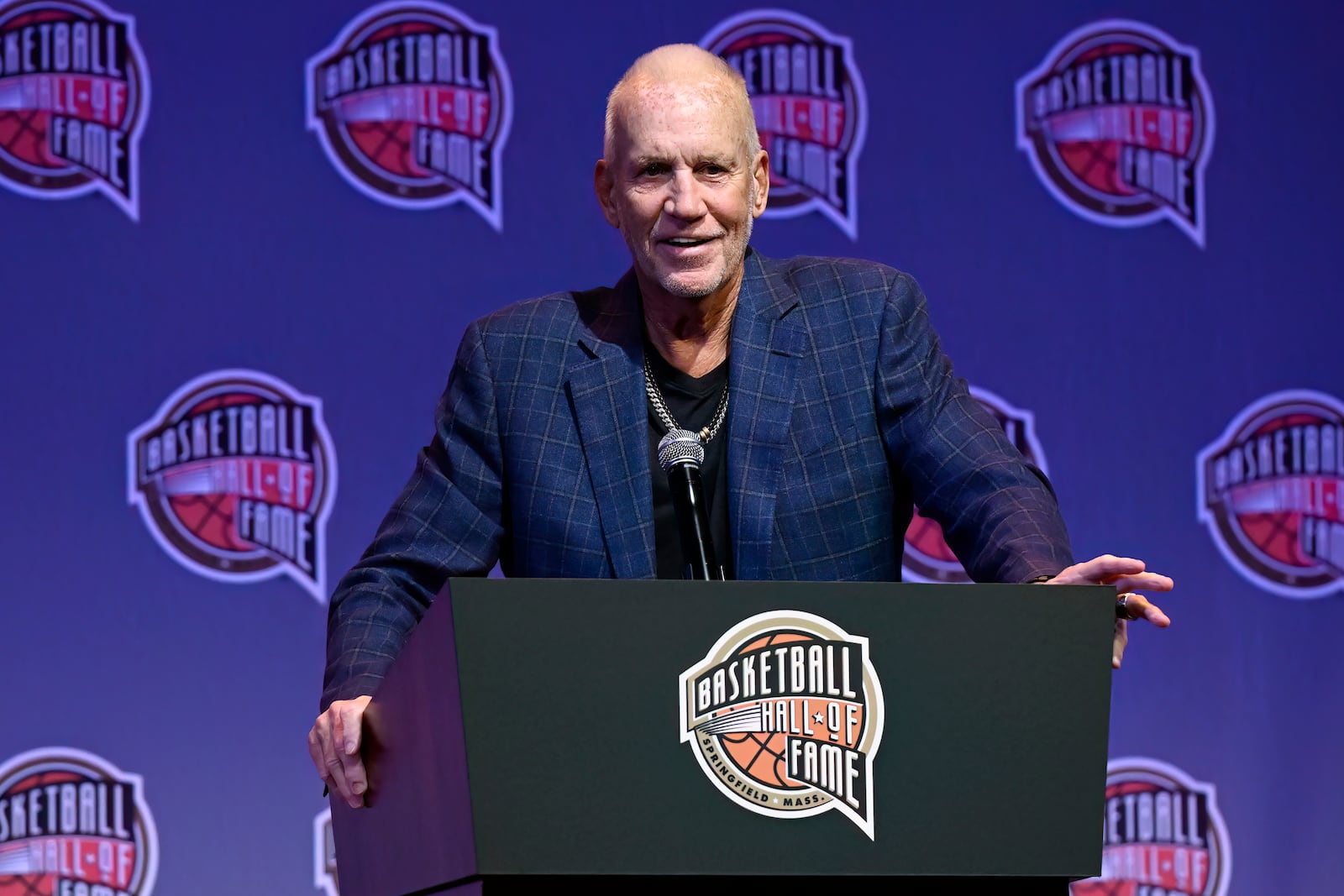 Basketball Hall of Fame Class of 2024 inductee Doug Collins speaks at a hall of fame news conference at Mohegan Sun, Saturday, Oct. 12, 2024, in Uncasville, Conn. (AP Photo/Jessica Hill)