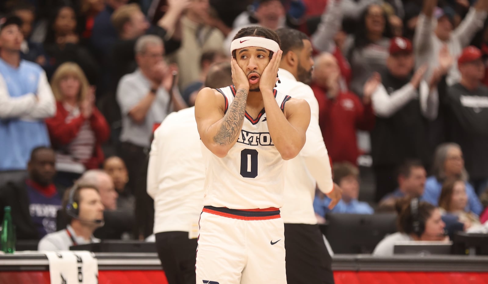 Dayton's Javon Bennett reacts after a loss to Saint Joseph’s on Friday, March 14, 2025, in the quarterfinals of the Atlantic 10 Conference tournament at Capital One Arena in Washington, D.C. David Jablonski/Staff