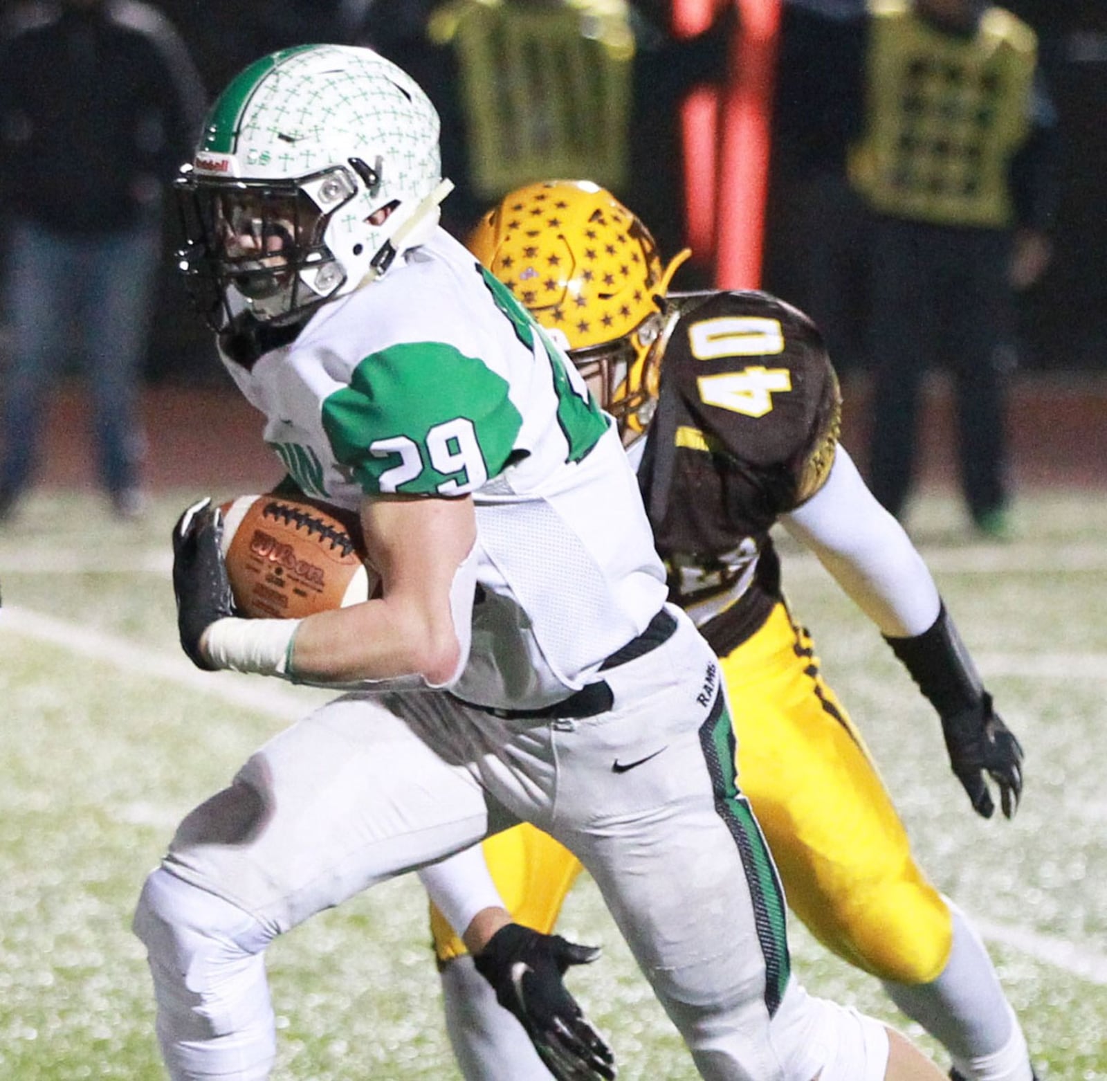 Badin senior Alex DeLong (with ball) rushed for a career-high 239 yards and one touchdown. Badin defeated Alter 38-21 in a D-III, Region 12 high school football semifinal at Monroe on Friday, Nov. 15, 2019. MARC PENDLETON / STAFF