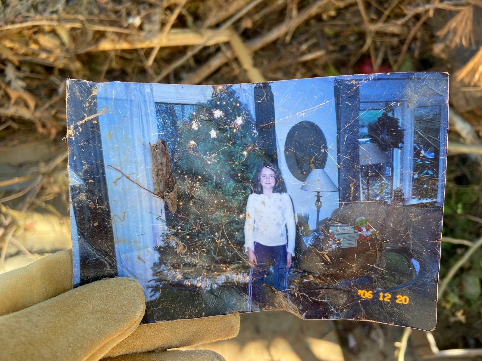 A photo of Francesca Pinto in front of a Christmas tree, found near Asheville, N.C., after Hurricane Helene. (Taylor Schenker via AP)