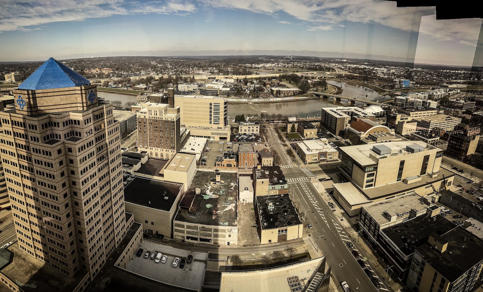 This is the view on the 23rd. floor of the Stratacache Tower where Tenet3 have their offices. The building at 110 N. Main St. is on the left. JIM Noelker/STAFF