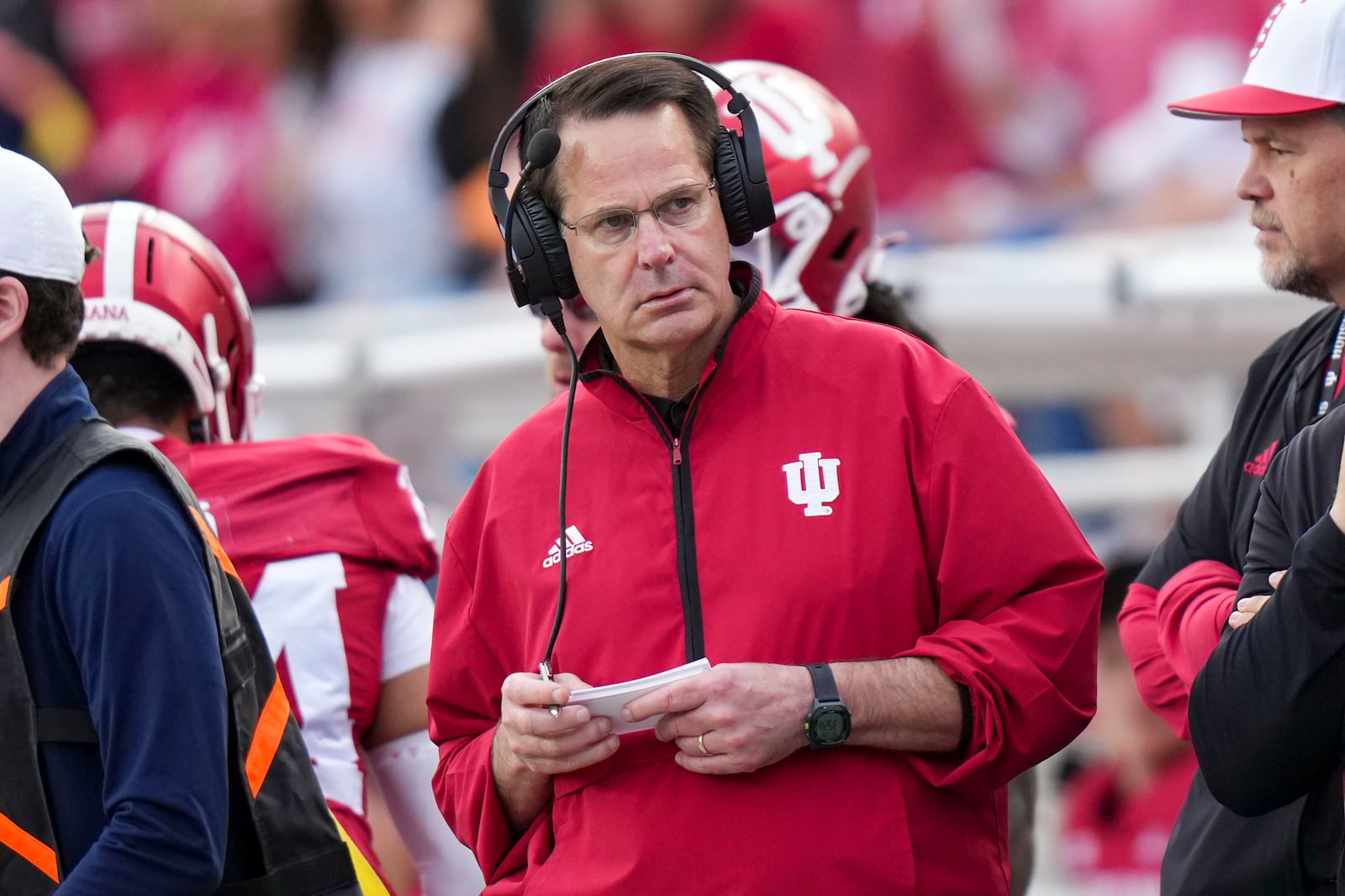 Indiana head coach Curt Cignetti watches from the sideline as his team plays Michigan during the first half of an NCAA college football game in Bloomington, Ind., Saturday, Nov. 9, 2024. (AP Photo/AJ Mast)