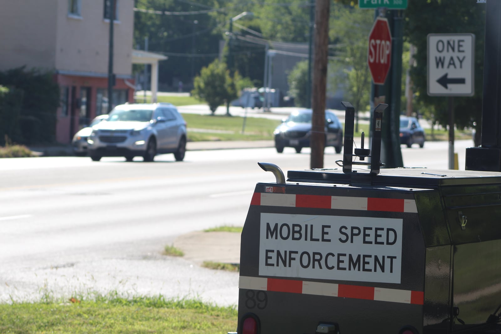 An automated mobile speed enforcement unit at Park Drive along Wayne Avenue in the South Park neighborhood. The trailer recorded more than 20,800 speed violations in a three-month period this past spring. CORNELIUS FROLIK / STAFF