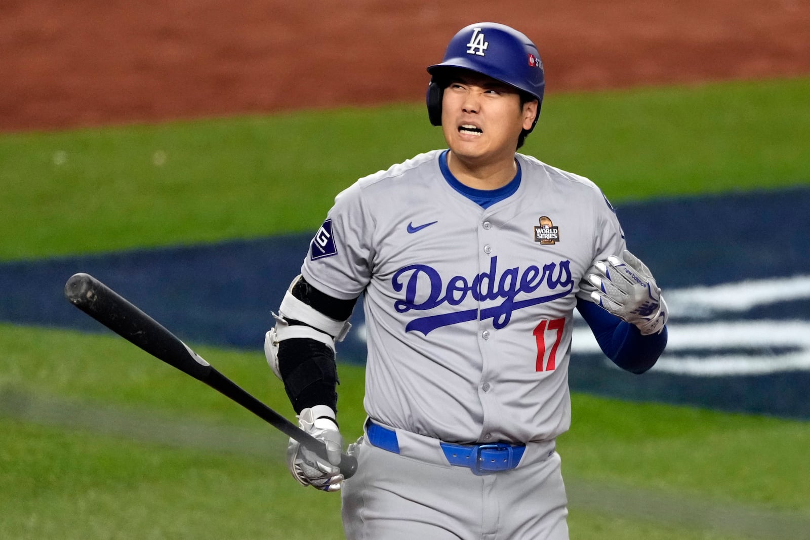 Los Angeles Dodgers' Shohei Ohtani reacts after fouling a pitch against the New York Yankees during the seventh inning in Game 3 of the baseball World Series, Monday, Oct. 28, 2024, in New York. (AP Photo/Seth Wenig)