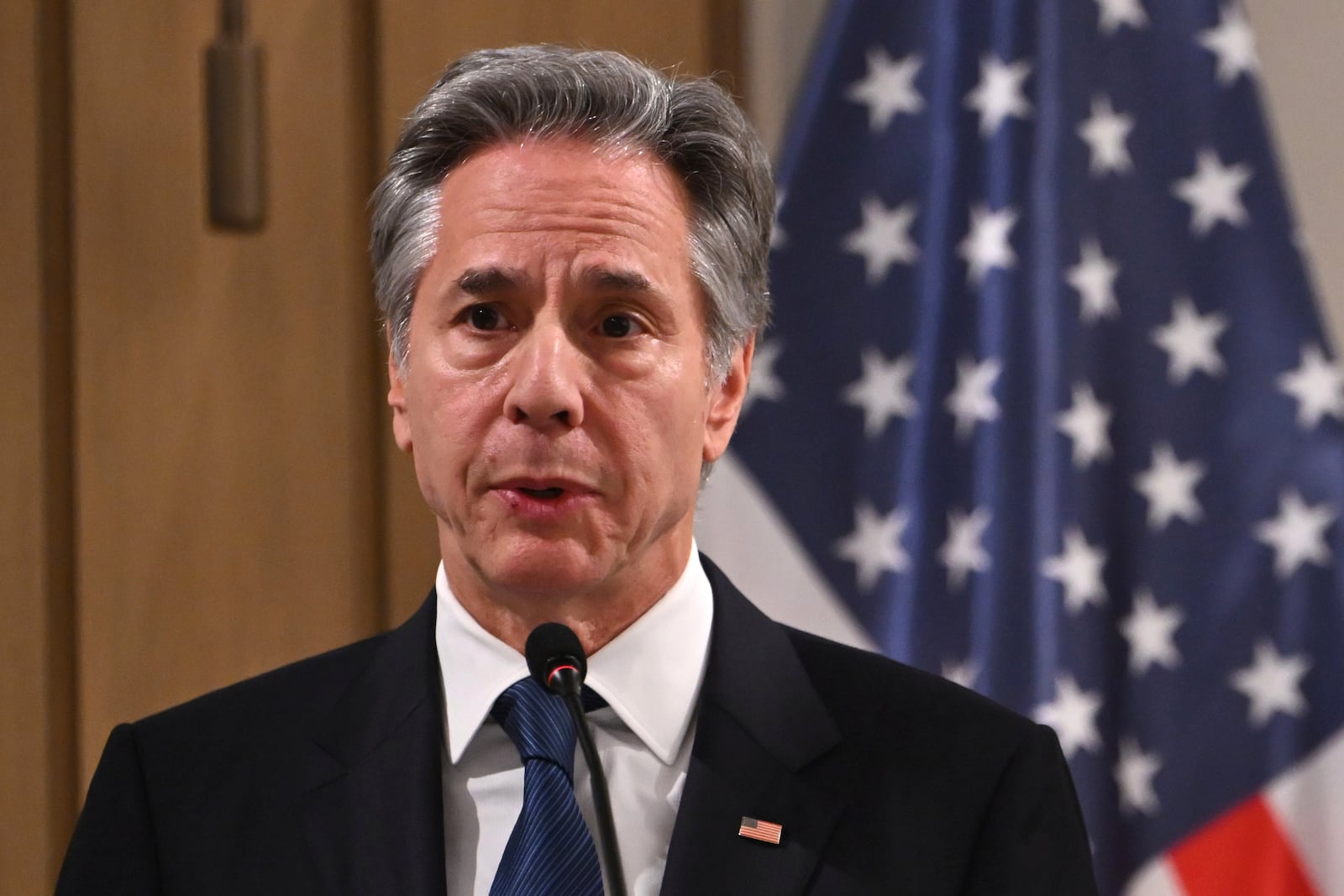 US Secretary of State Antony Blinken delivers a statement to the press after the meeting with the foreign ministers of the Arab Contact Group on Syria in Jordan's southern Red Sea coastal city of Aqaba, Saturday Dec. 14, 2024. (Andrew Caballero-Reynolds/Pool via AP)