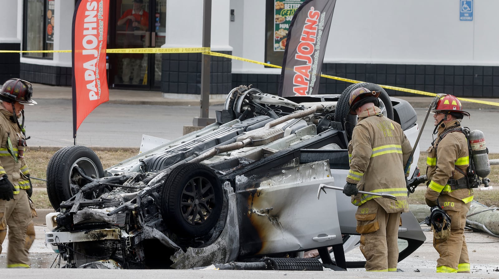 A stolen vehicle crashed at the intersection of Germantown Pike and Gettysburg Avenue Wednesday, Feb 5, 2025 in Dayton after hitting an officer and leading police on a chase. MARSHALL GORBY\STAFF