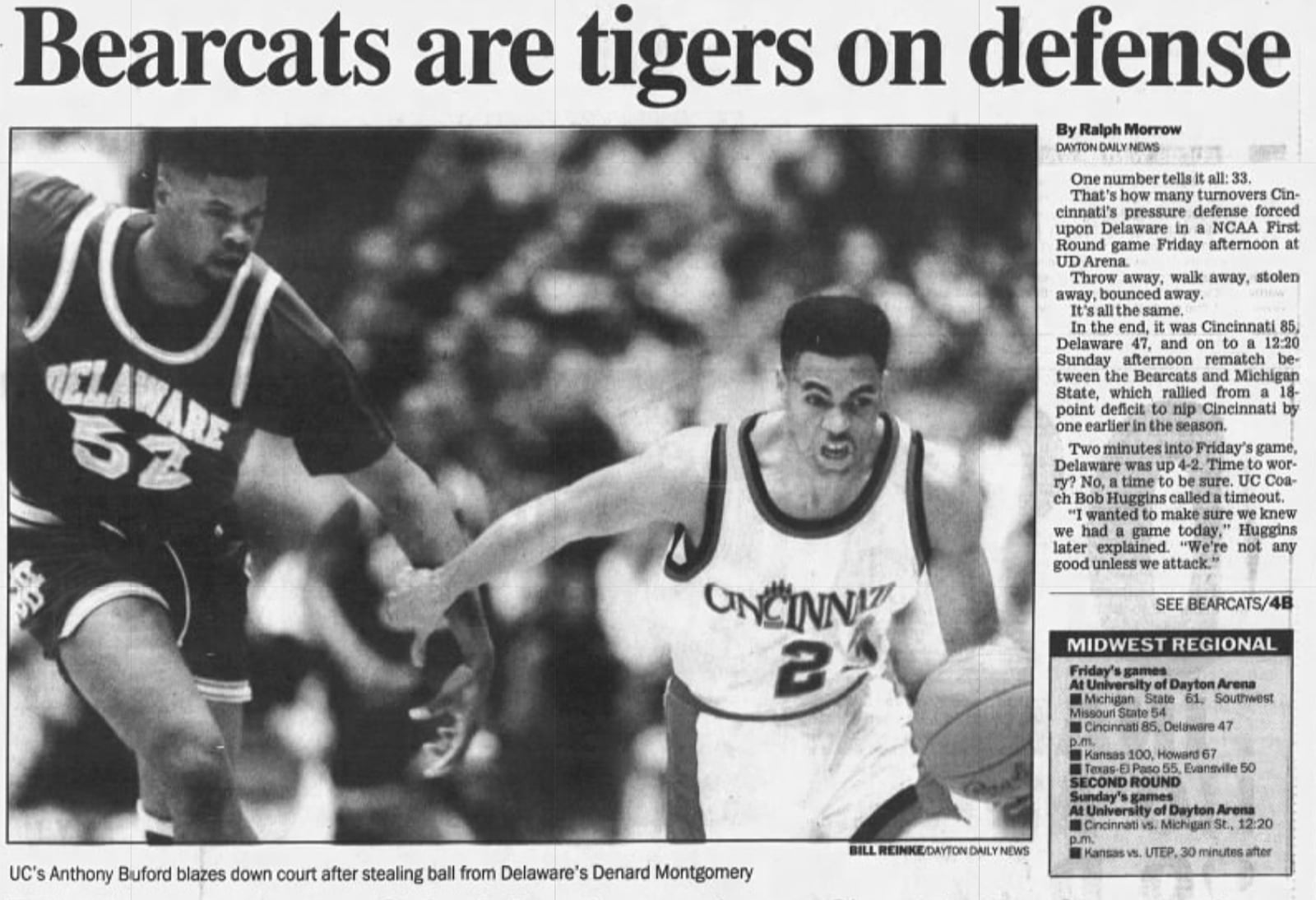 Sports front page of March 21, 1992, Dayton Daily news, featuring Cincinnati's NCAA tournament victory against Delaware at UD Arena.