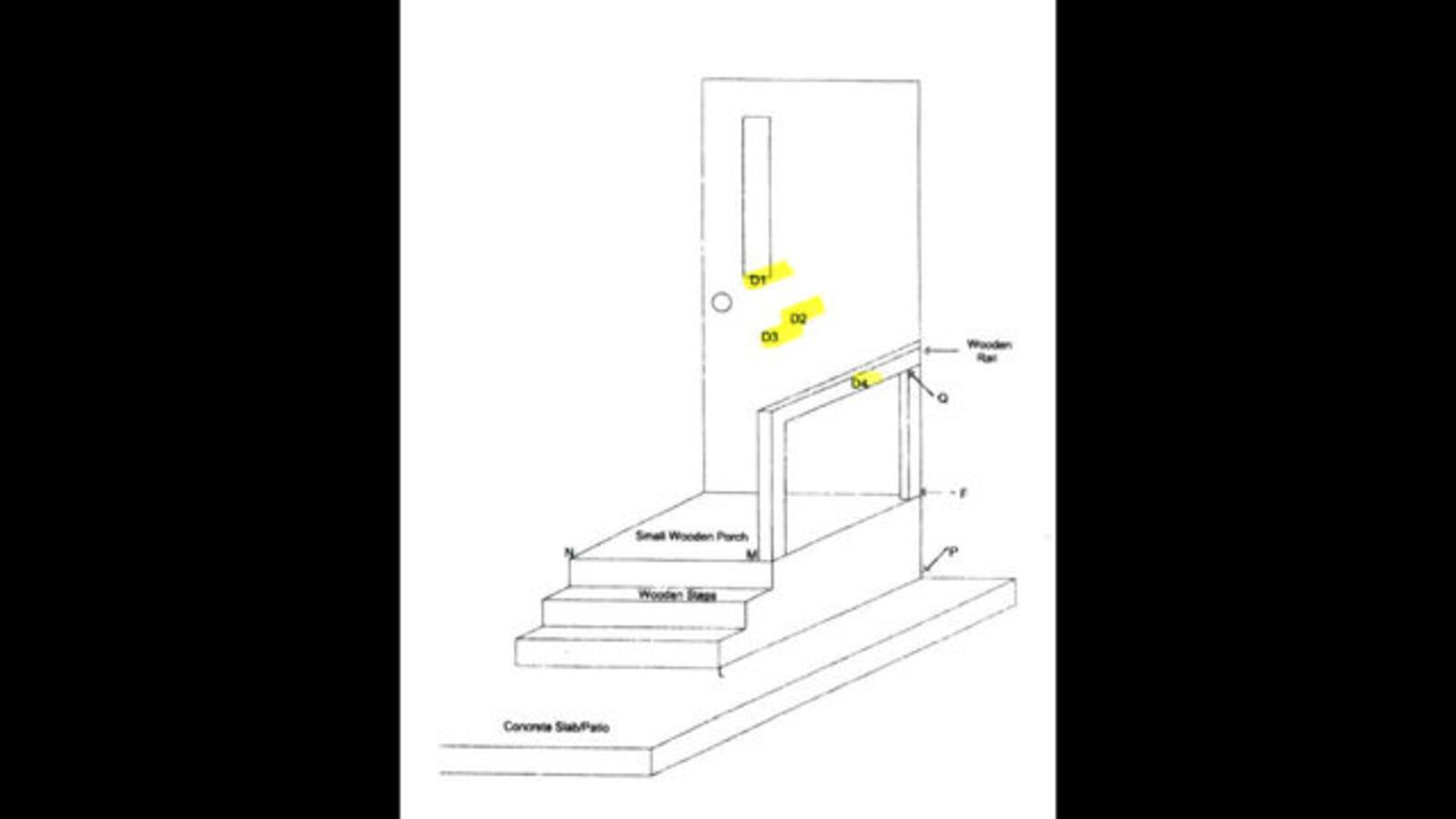 A diagram by Mississippi state investigators shows the location of four bullet strikes on and around the door of Ismael Lopez’s home following a July 2017 shooting. Lopez, 41, of Southaven, Miss., was killed when police went to his home by mistake.