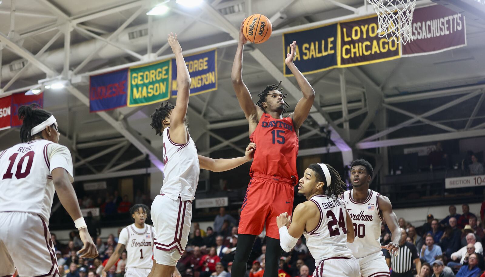 Dayton's DaRon Holmes II scores against Fordham on Tuesday, Jan. 10, 2023, at Rose Hill Gym in Bronx, N.Y. David Jablonski/Staff